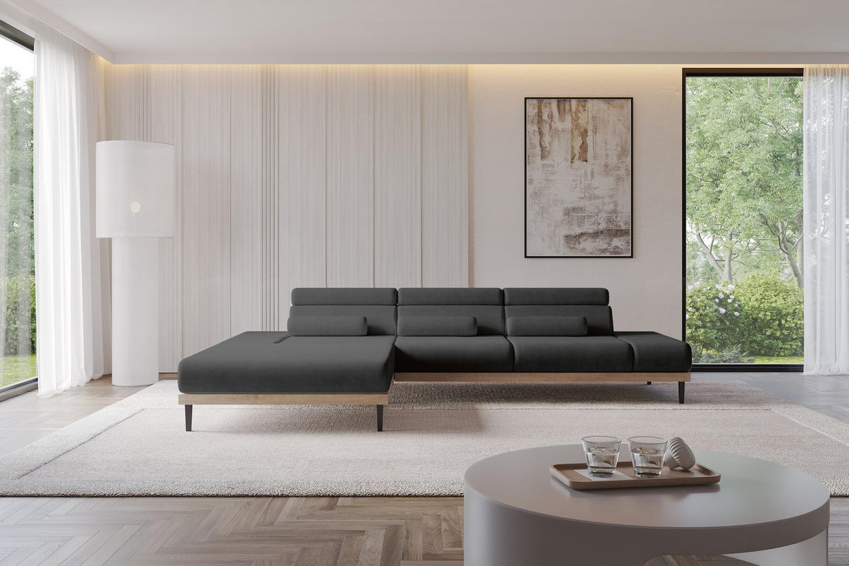 ELEKTRISCHES ECKSOFA Links MONA 316x205x85 Schwarz Velours - Schwarz/Graphitfarben, Holzwerkstoff/Textil (316/205cm) - ALTDECOR