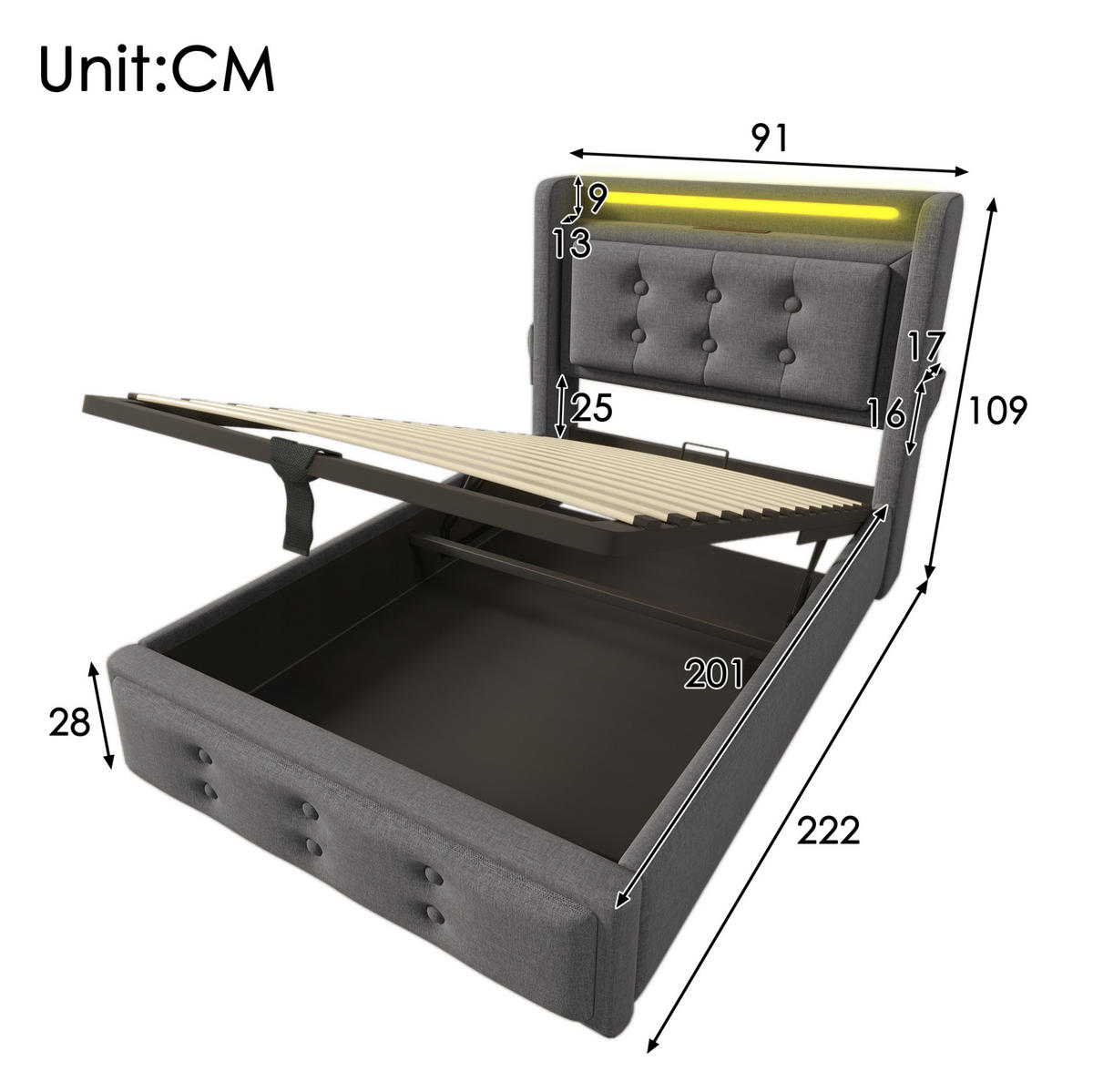 POLSTERBETT 90/200 cm Grau mit Stauraum, LED-Beleuchtung und USB- und Type-C-Anschlüssen - Grau, Textil (90/200cm) - Flora Grace
