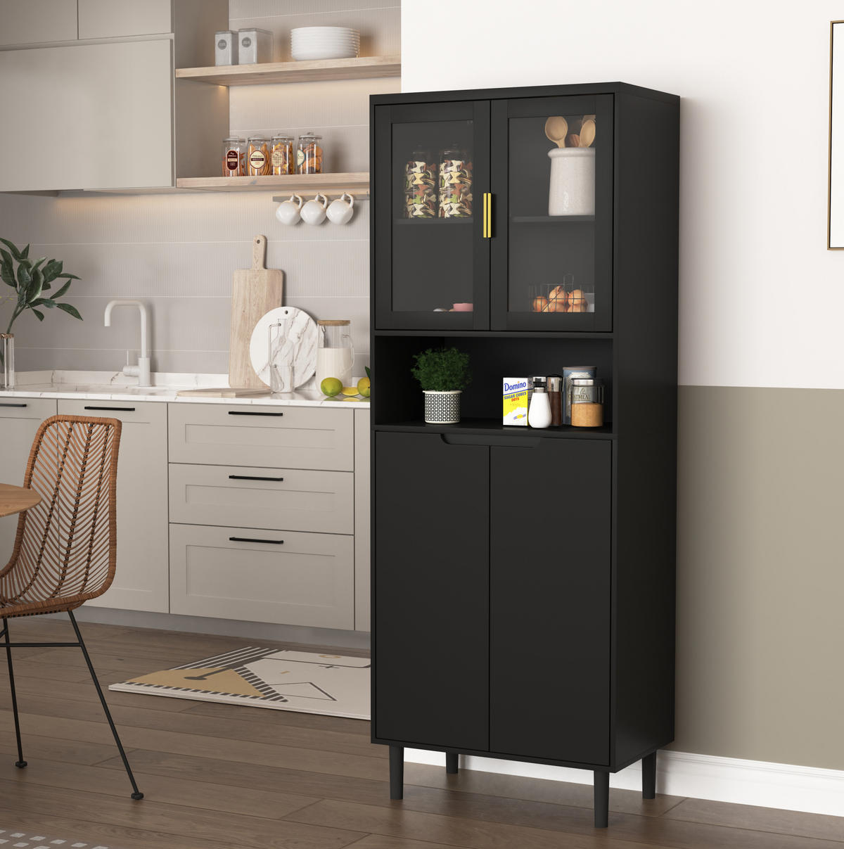 VITRINE aus MDF 60x35x160 cm Schwarz mit gehärteten Glastüren, verstellbarem Einlegeboden und Kippschutz - Schwarz, Holzwerkstoff (60/160/35cm) - Modfu