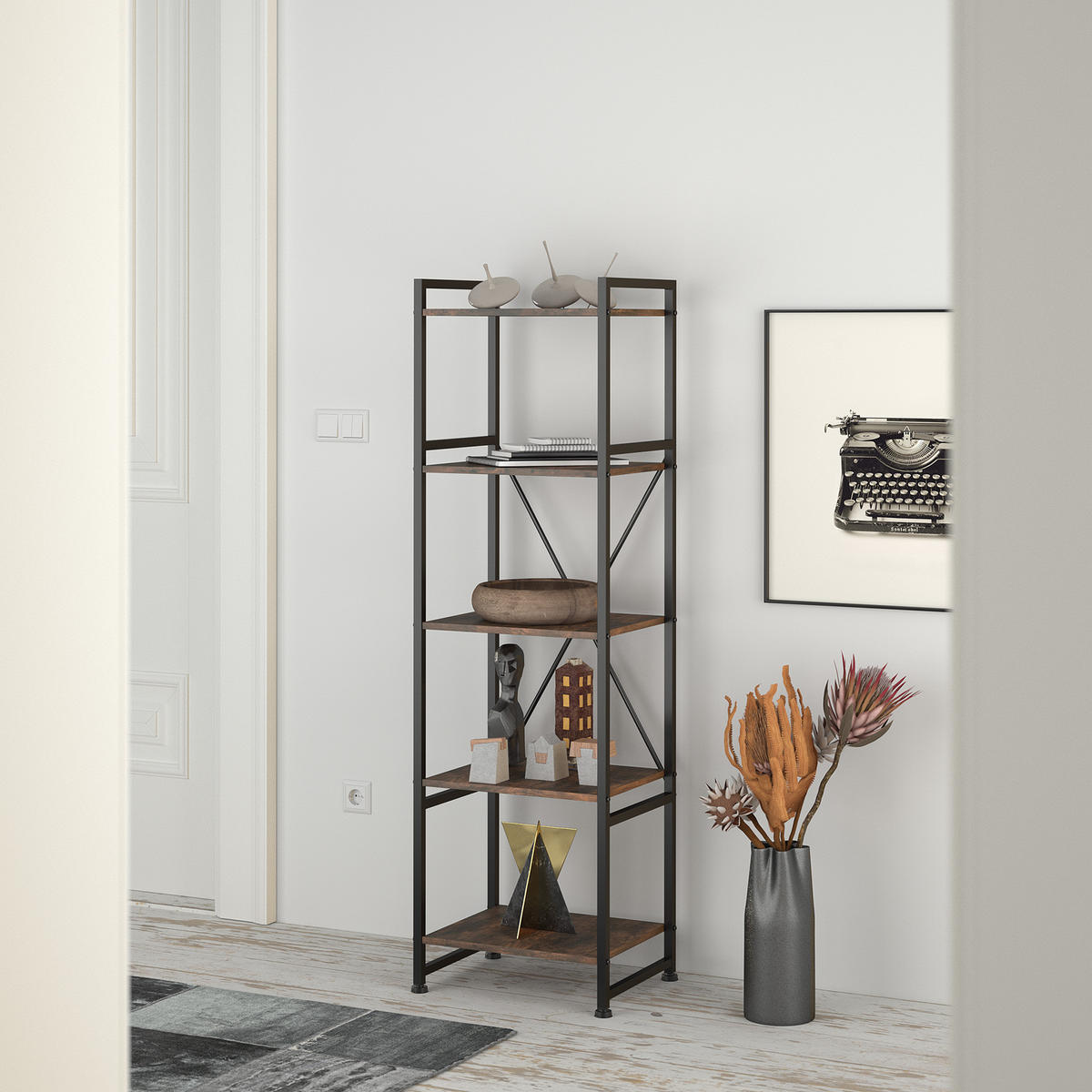 REGAL Manchester,inklusive Kippschutz, 47,5 x 34,5 x 151,5 cm,Industrial Holz dunkel, rustikal - Rostfarben, Holz (34.5/151.5/47.5cm) - tectake