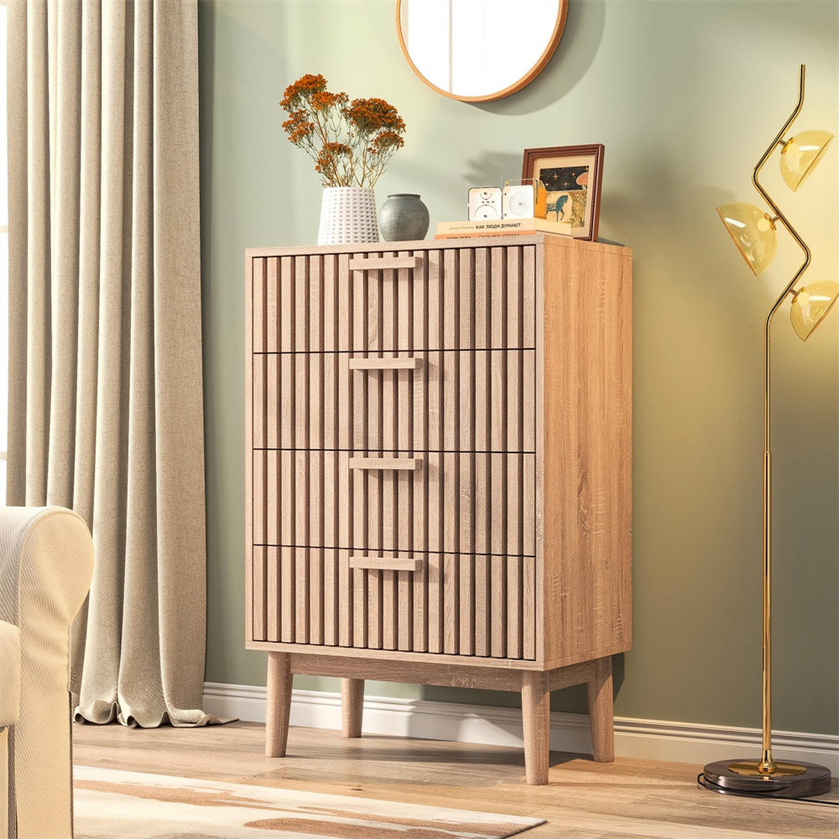 KOMMODE mit 4 Schubladen - gerillte Fronten und konische Beine - für Wohnzimmer und Schlafzimmer - Eichefarben, Holzwerkstoff (60/91/34cm) - DELFA