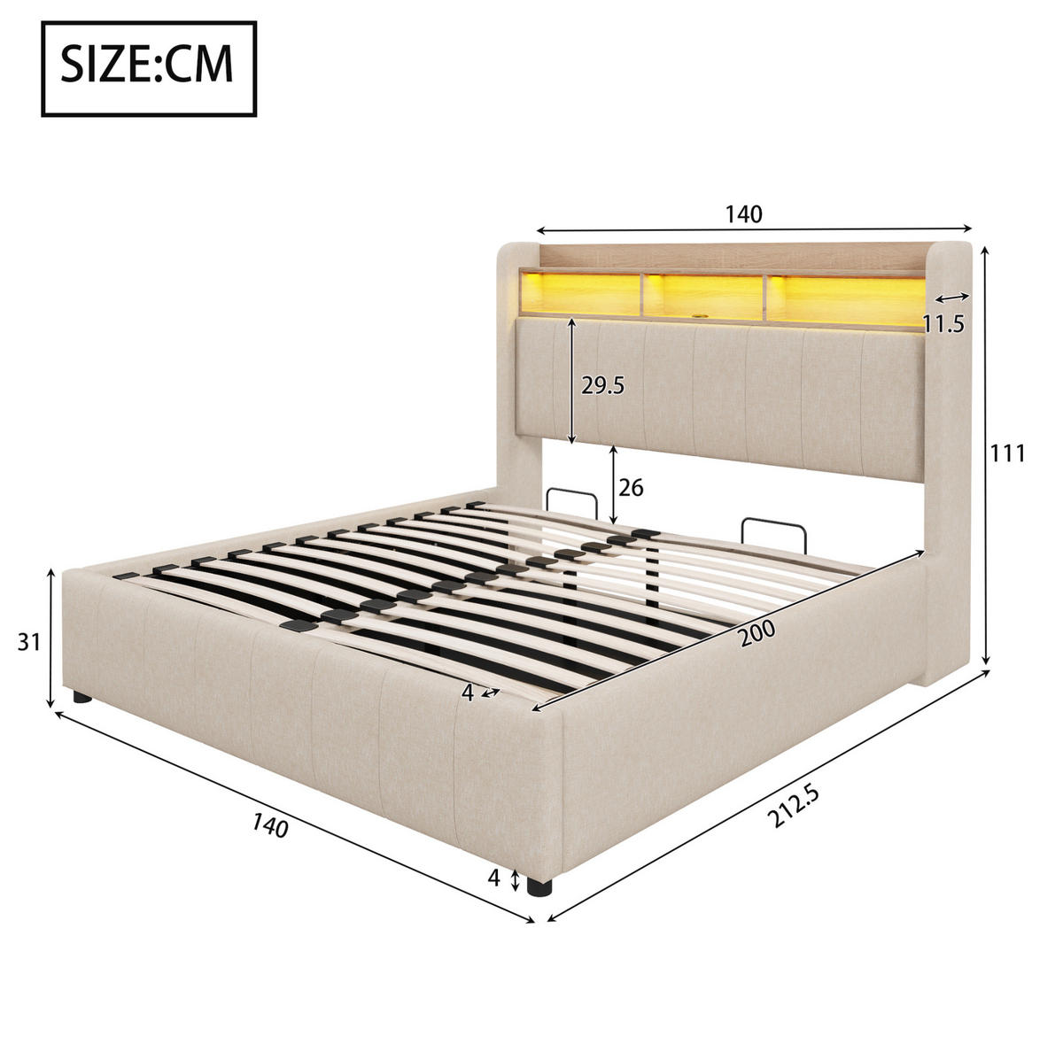 ČALÚNENÁ posteľ z ľanovej látky 140x200 cm béžová s LED osvetlením, USB-C a hydraulickým úložným priestorom - béžová, textil (140/200cm) - Modfu