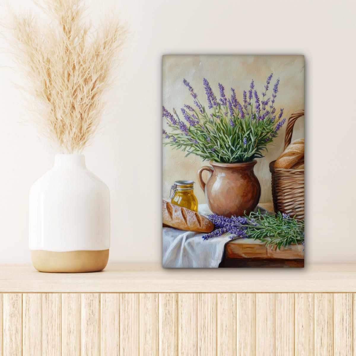 LEINWANDBILD Lavendel - Brot - Stilleben Deko Wohnzimmer 20x30 cm - Flieder, Textil (20/30cm) - MuchoWow