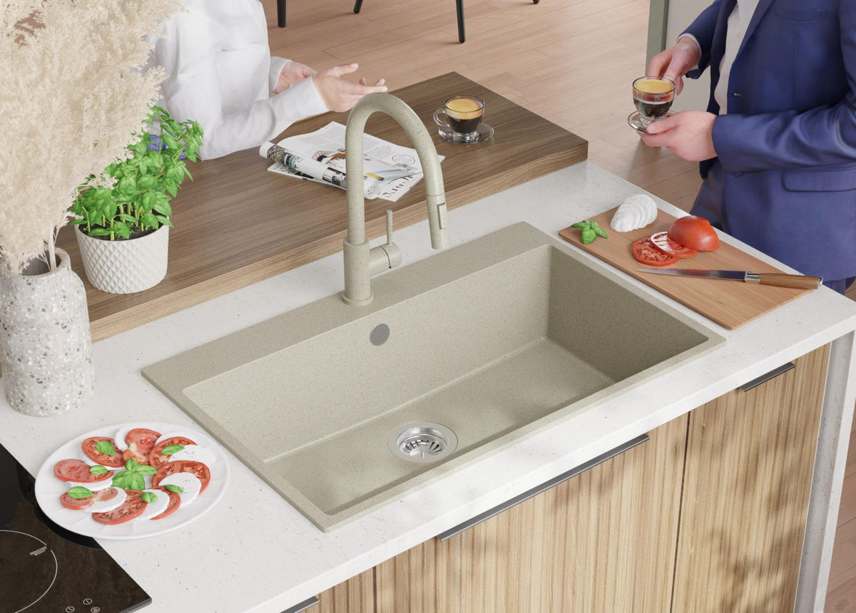 GRANITSPÜLE Riga, 3-er set Alles Beige 78/50 cm, 1 Becken + Küchenarmatur 32/20 cm + Ablauf-Set ab 80er Unterschrank - Beige, Kunststoff (78/20/50cm) - Primagran