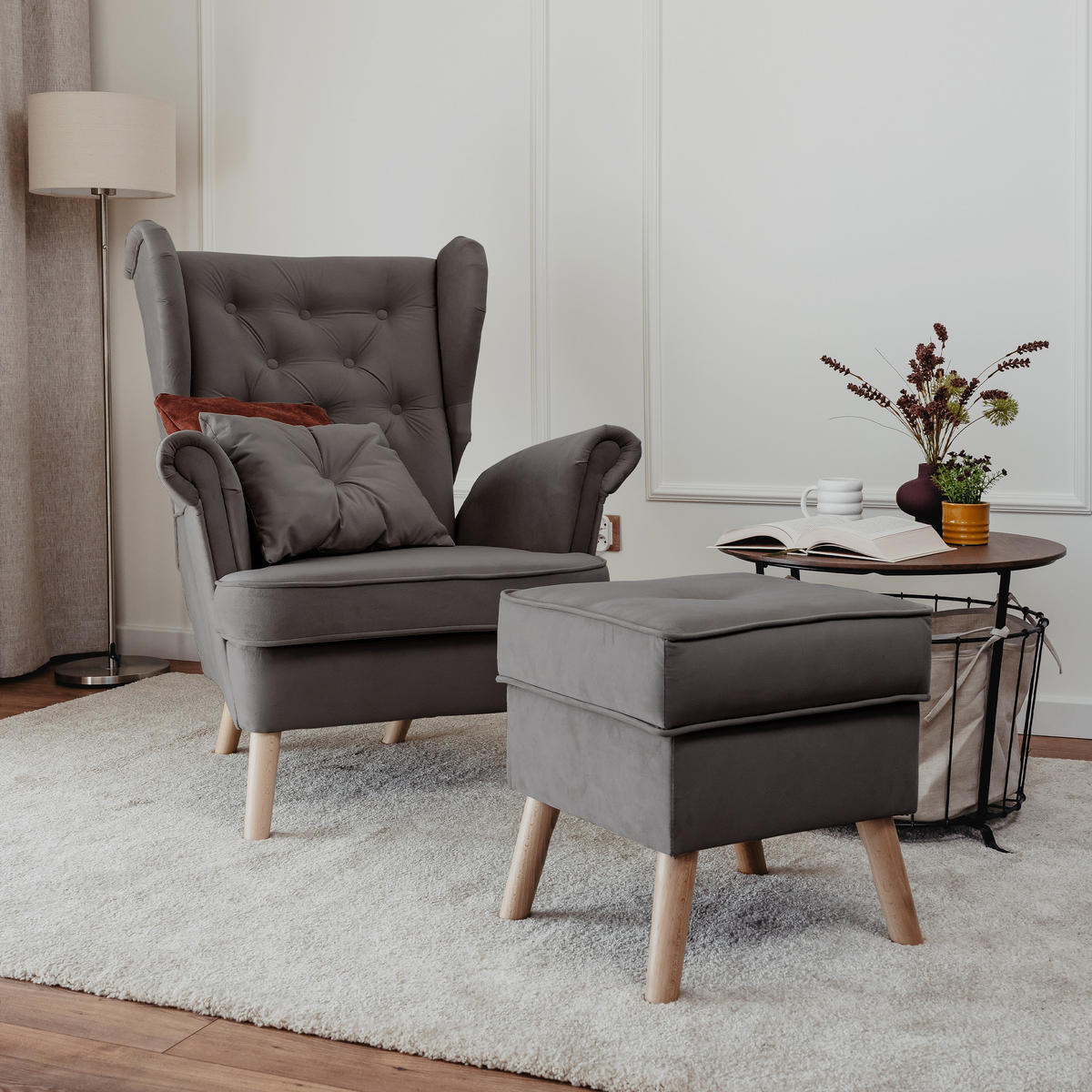 SESSEL mit Fußhocker Classic - Grau, Holz (92/107/80cm) - Idohome