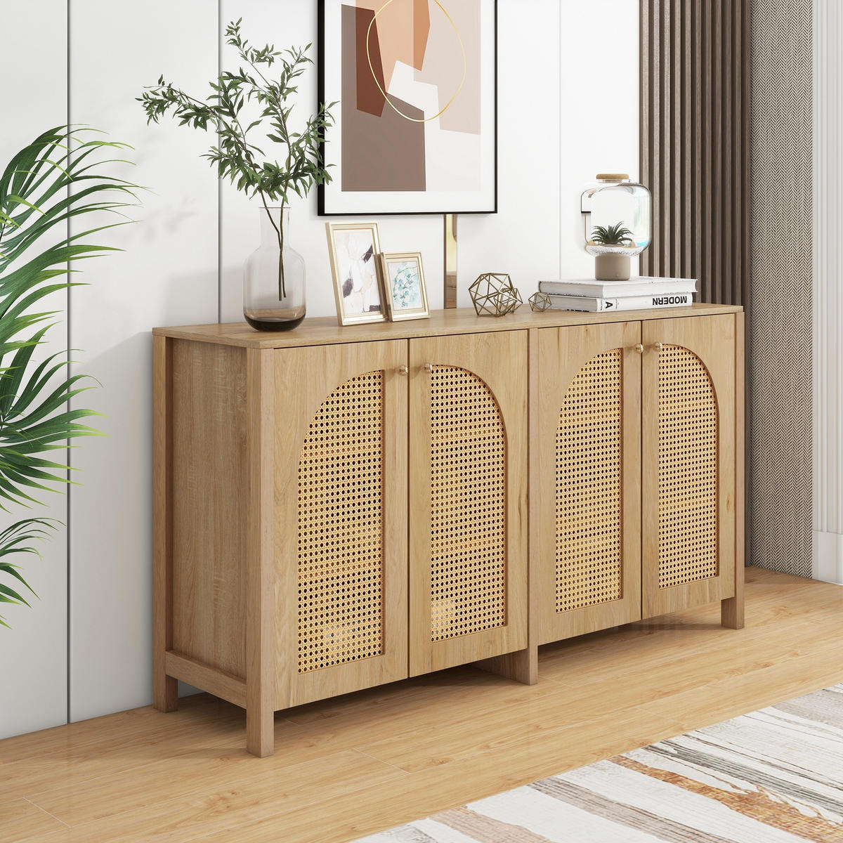 SIDEBOARD in Naturfarbe Anrichte mit 4 Rattantüren für Esszimmer, Küche und Wohnzimmer, B145/T80/H40 cm - Naturfarben, Holzwerkstoff/Metall (145/80/40cm) - STILVORA