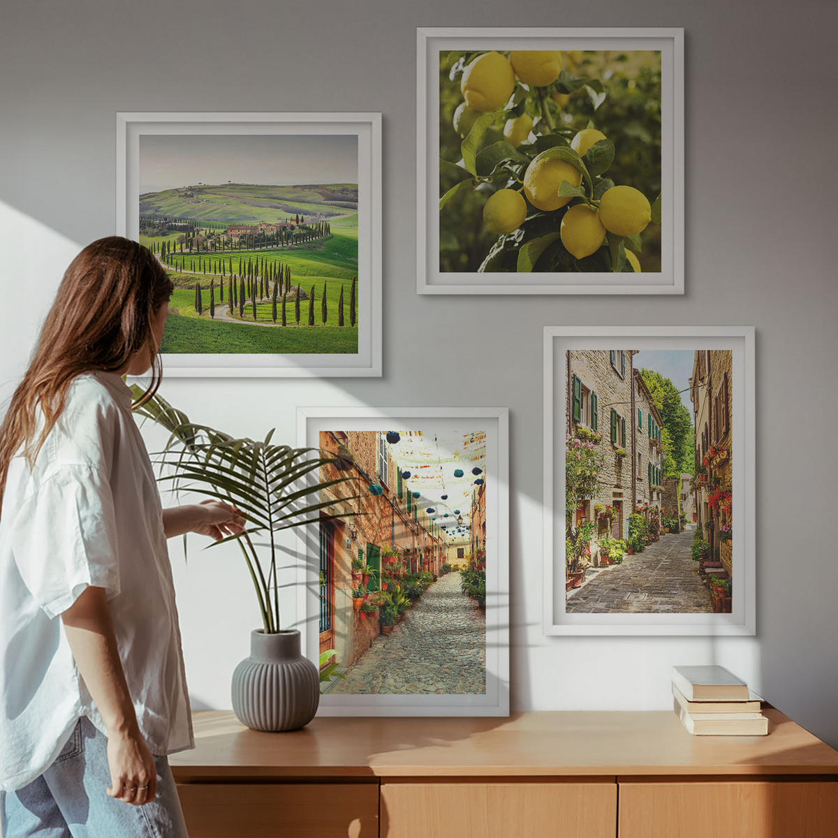 WANDBILDER 4er-Set - 50x50 cm & 40x60 cm Weißer Rahmen - Bezaubernde Straßen voller Zitronenblüten - Weiß, Kunststoff (50/50cm) - ArtPrintCave