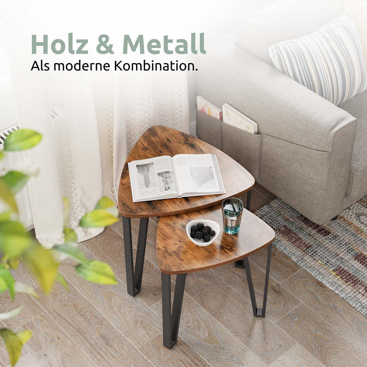 BEISTELLTISCH 3er Set Radon - Holzfarben / Metall - Schwarz/Naturfarben, Holzwerkstoff/Metall (58.6/58.6/45cm) - holz4home