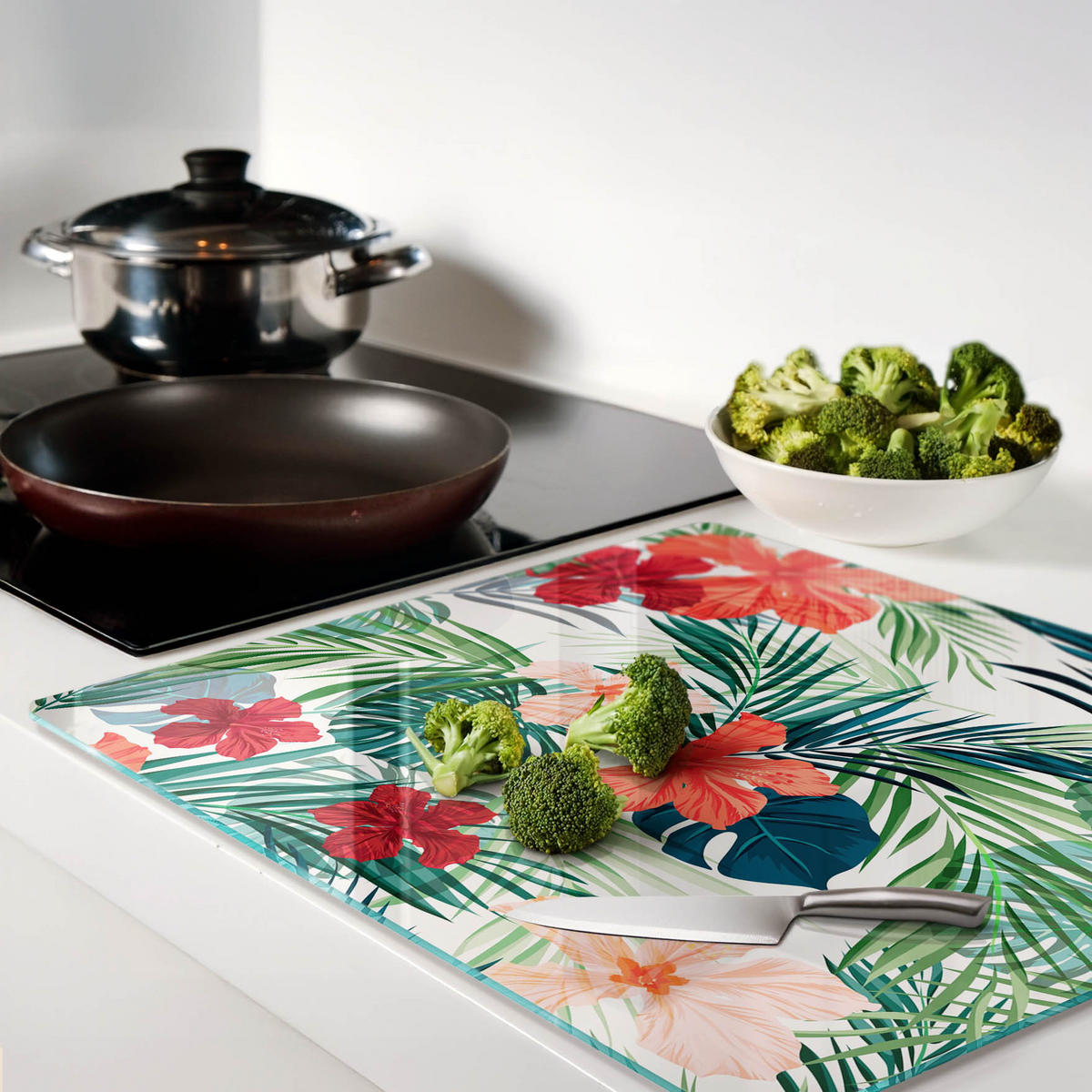 GLASPLATTE 60x52 cm Tropische Blumen - Multicolor, Glas (60/0.4/52cm) - TULUP