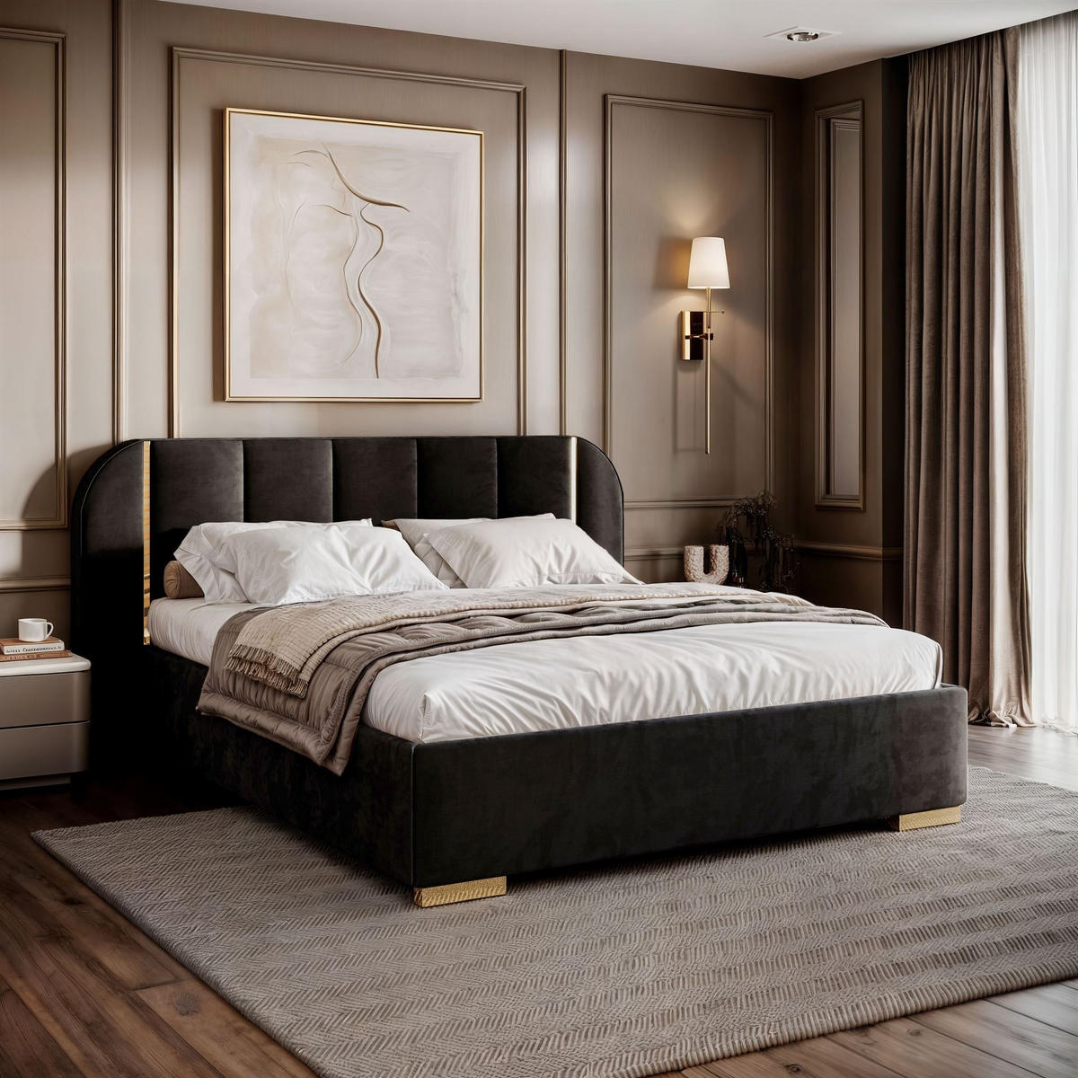 BETT AMARA GOLD 160x200 gepolstert mit Stauraum und Lattenrost, Royal Velvet 254 - Schwarz, Textil (160/200cm) - Lookway