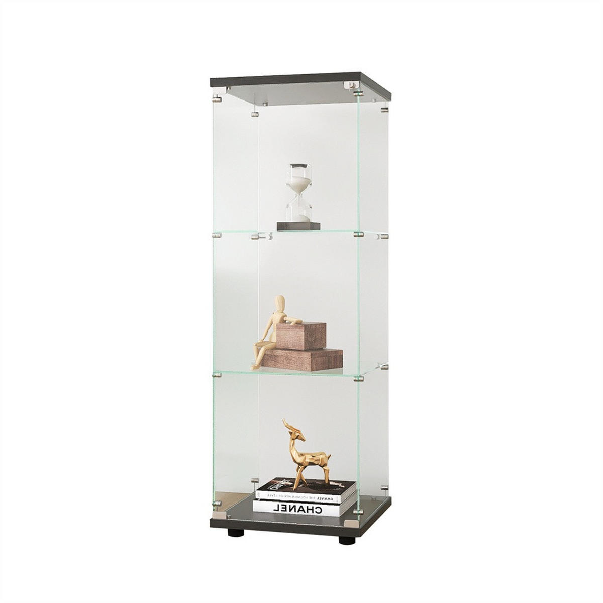 VITRINE - Glasvitrine mit 1 Tür und 3 Ebenen - rahmenloses Design - Schwarze Decken- und Bodenplatte - Schwarz, Glas (42.4/125.2/36.3cm) - DELFA