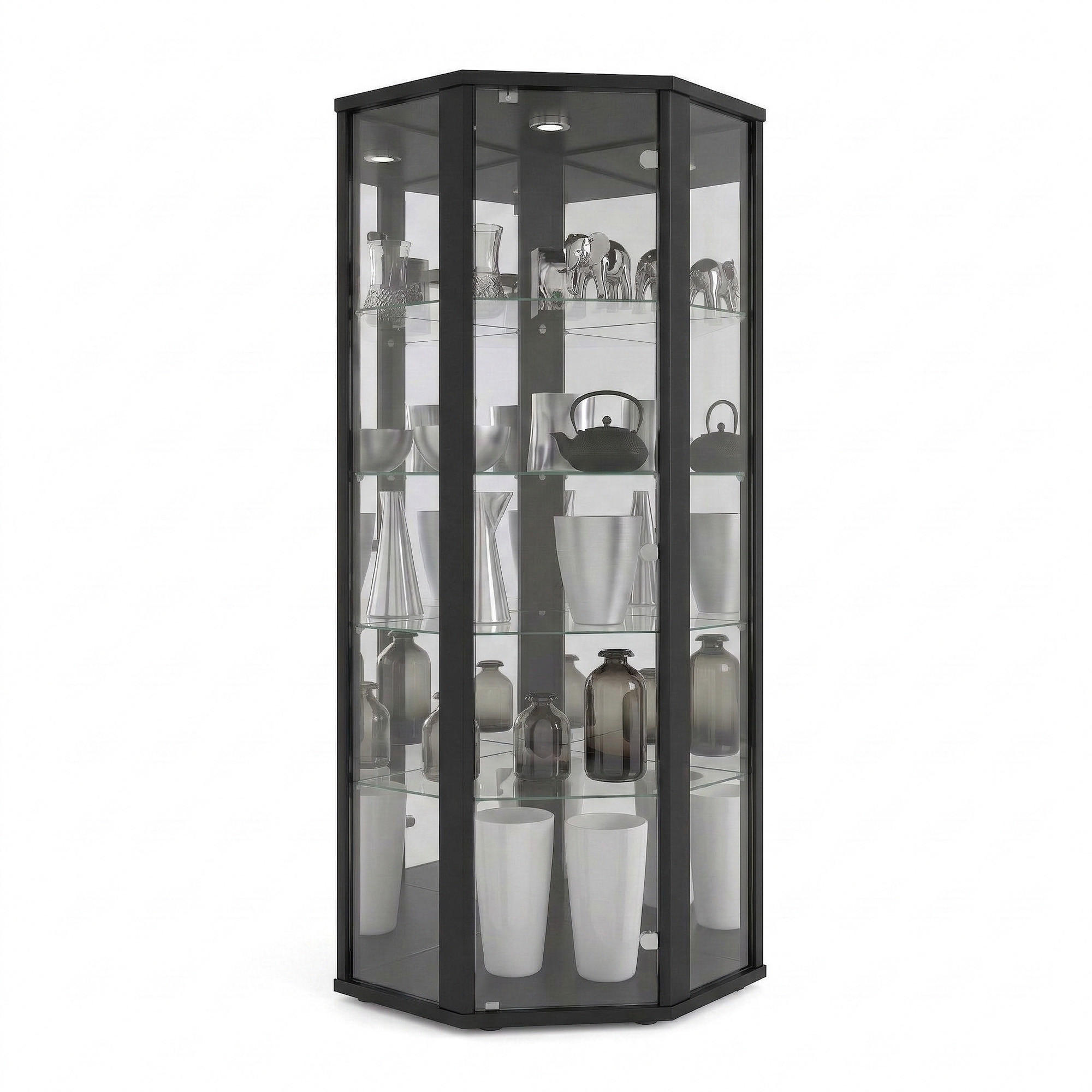 ECKVITRINE 56,5/56,5/176 cm mit Spiegel, LED & Schloss - Transparent/Silberfarben, Glas/Holzwerkstoff (56.5/176/56.5cm) - K-Möbel