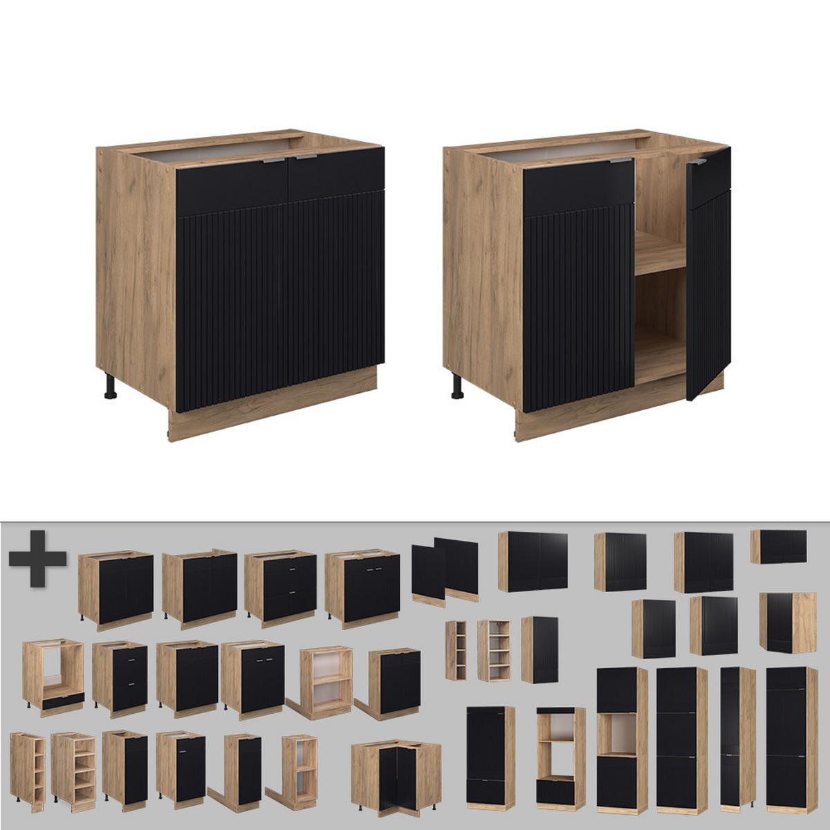 KÜCHENUNTERSCHRANK Fame-Line Schwarz gestreift 80 cm mit Regal, AP Anthrazit - Eiche Wotan/Schwarz, Holzwerkstoff (80/82/60cm) - Vicco