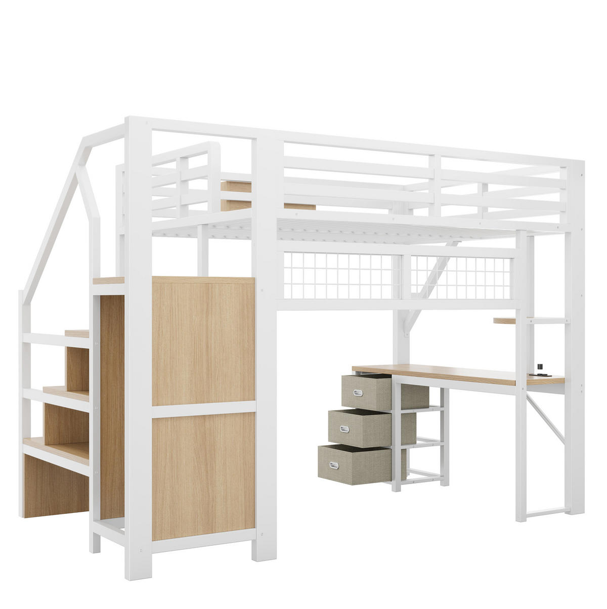 HOCHBETT 140/200 cm Weiß mit Treppenschrank und Schreibtisch - Weiß, Metall (140/200cm) - MIVRAY
