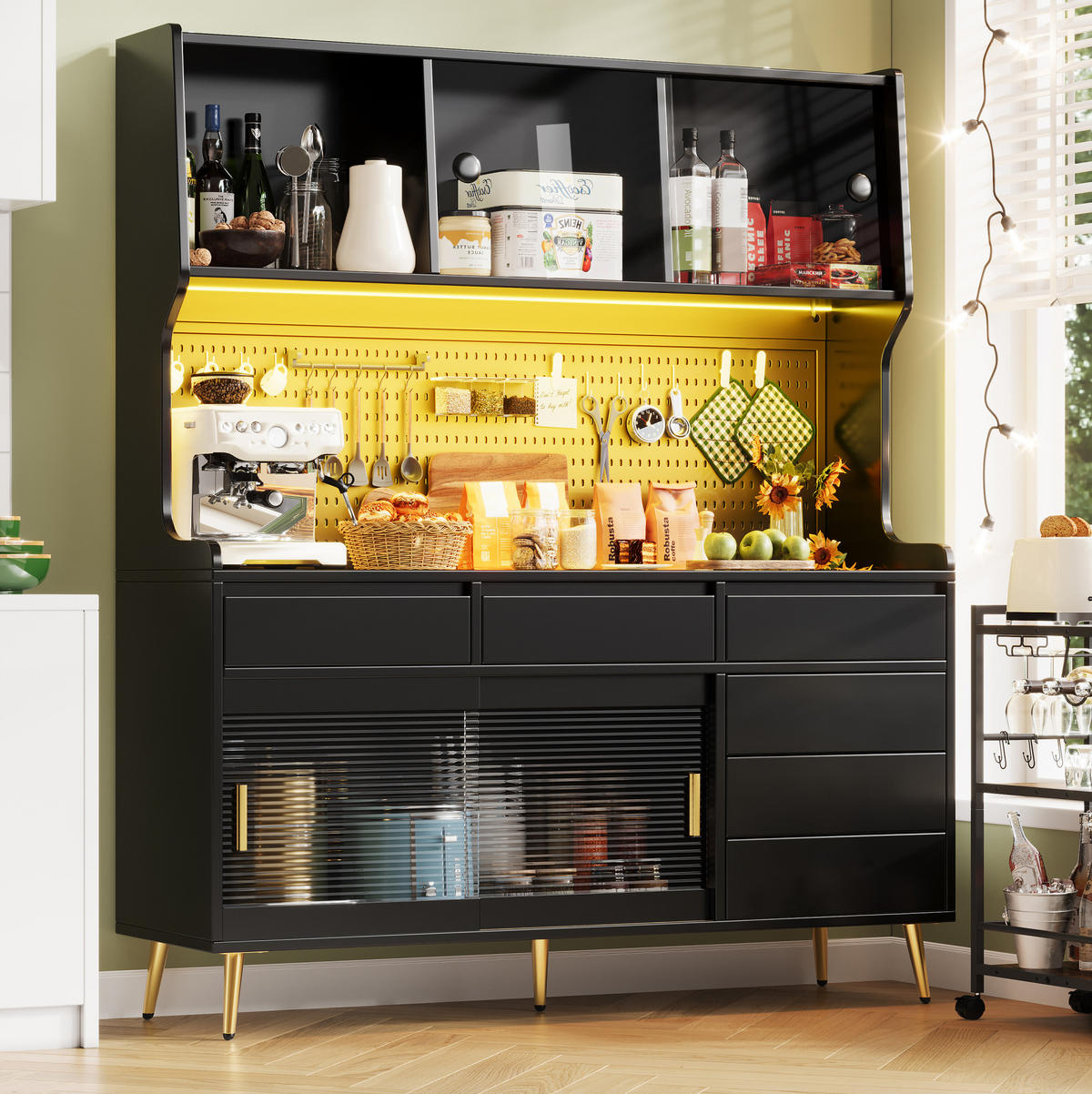 BUFFETSCHRANK 145/39/171 cm mit LED-Beleuchtung, App-Steuerung, Schiebetüren und geriffelter Glasfront, Schwarz - Schwarz, Holzwerkstoff (145/171/39cm) - Redom