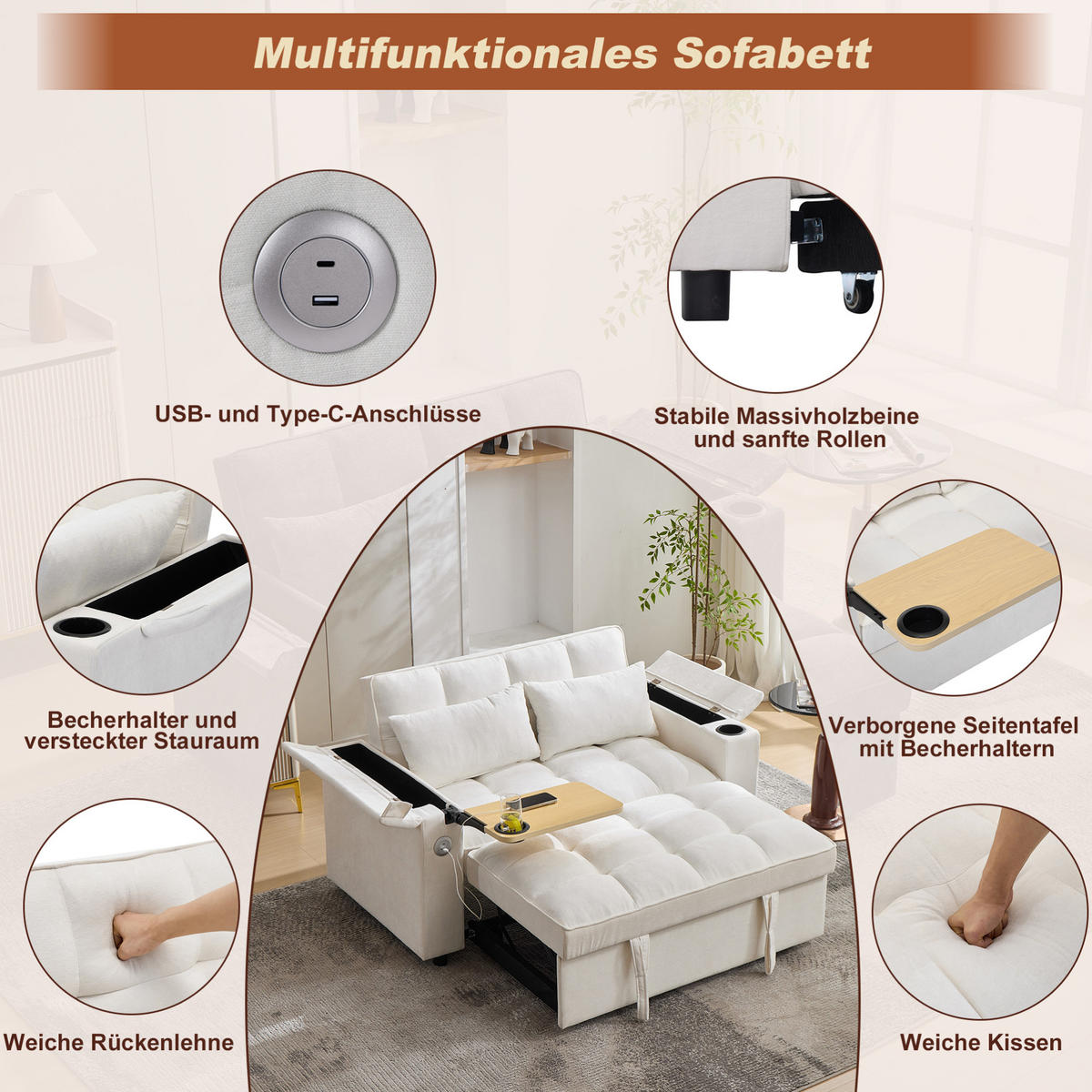 ROZKLADACIA pohovka z textilu, 140,5/74/82 cm béžová, s USB a polohovateľnou opierkou - béžová, textil (140.5/82/74cm) - BEAOK