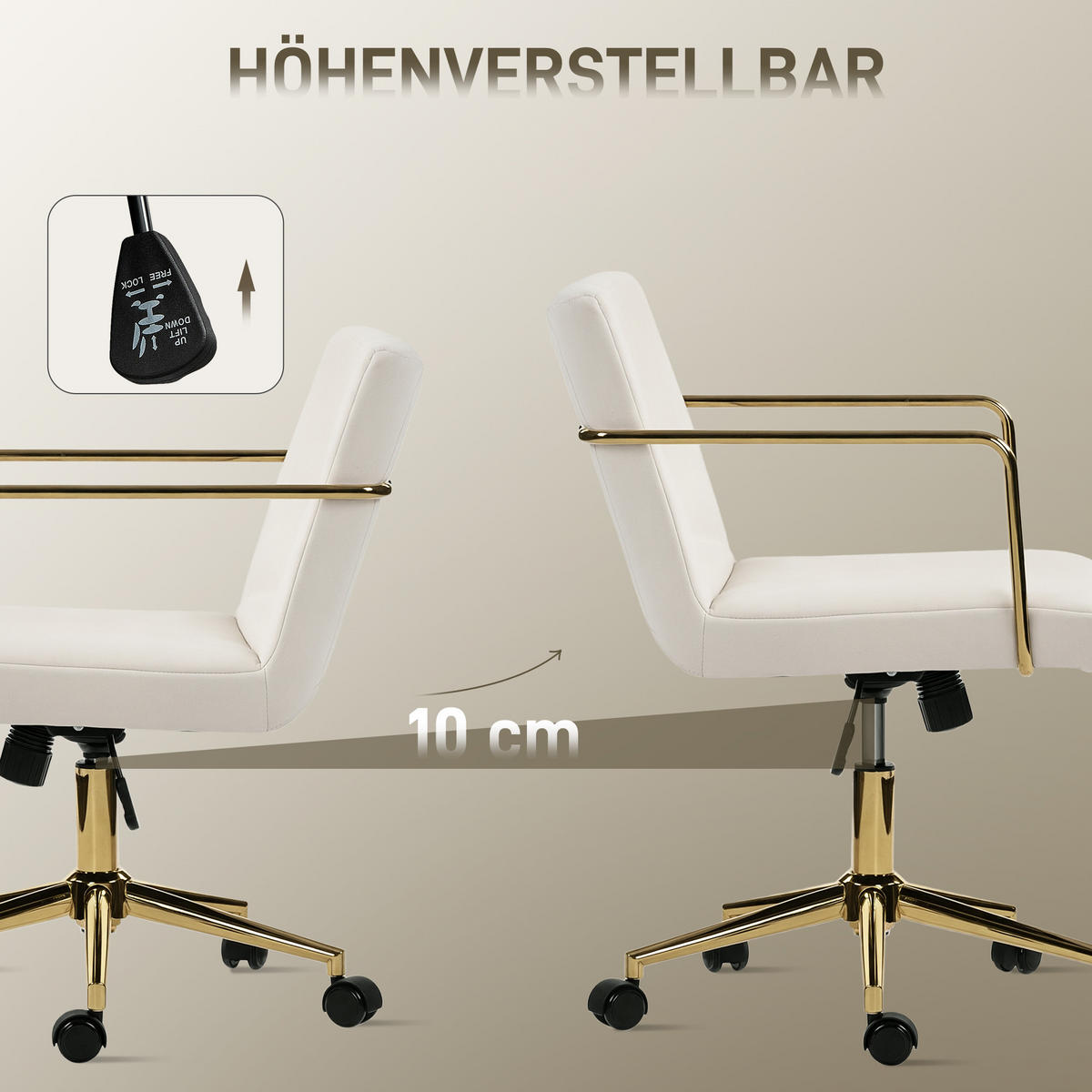 SCHREIBTISCHSTUHL höhenverstellbarer Bürostuhl mit Samtoptik Kippfunktion Creme - Goldfarben/Creme, Textil/Metall (57/90/64cm) - HOMCOM