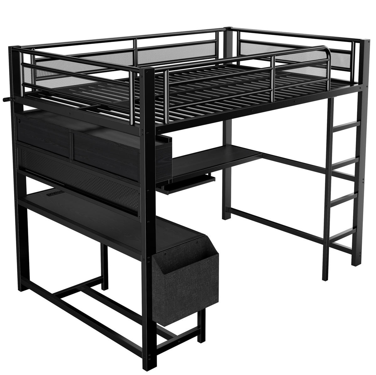HOCHBETT 140/200 cm Schwarz mit Schreibtisch und LED - Schwarz, Metall (140/200cm) - MIVRAY