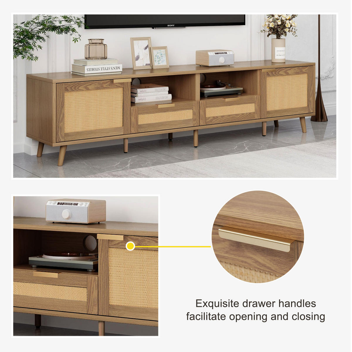 LOWBOARD 200/37/49 cm Eiche aus Holzwerkstoff mit Rattandesign - Braun, Holzwerkstoff (37/49/200cm) - OKMYHOME