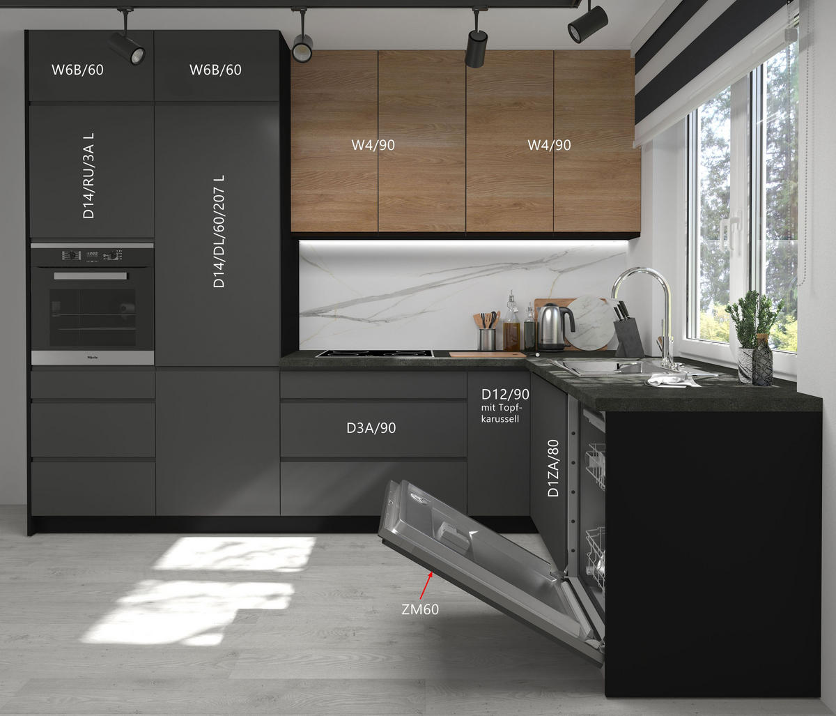 WINKELKÜCHE Avellino schwarz / Acryl graphit matt & Pembroke - schwarz matt, Arbeitsplatte District Dark 301,8 / 231,8 / 243cm 10-teilig - Graphitfarben/Braun, Holzwerkstoff (302/243/232cm) - Feldmann-Wohnen