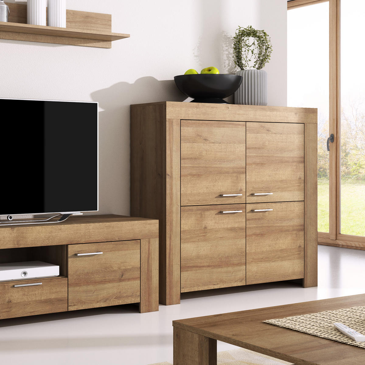 KOMMODE CIELO 120/117/37 cm mit 4 Türen Eichefarben - Eichefarben, Holzwerkstoff (120/117/37cm) - MASSENO