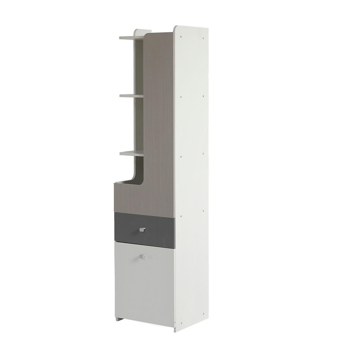 BÜCHERREGAL in Weiß und Grau mit L-förmiger Tür, Schublade und Metallknöpfen, B40/T45/H184cm - Weiß/Grau, Holzwerkstoff/Metall (45/184/40cm) - STILVORA