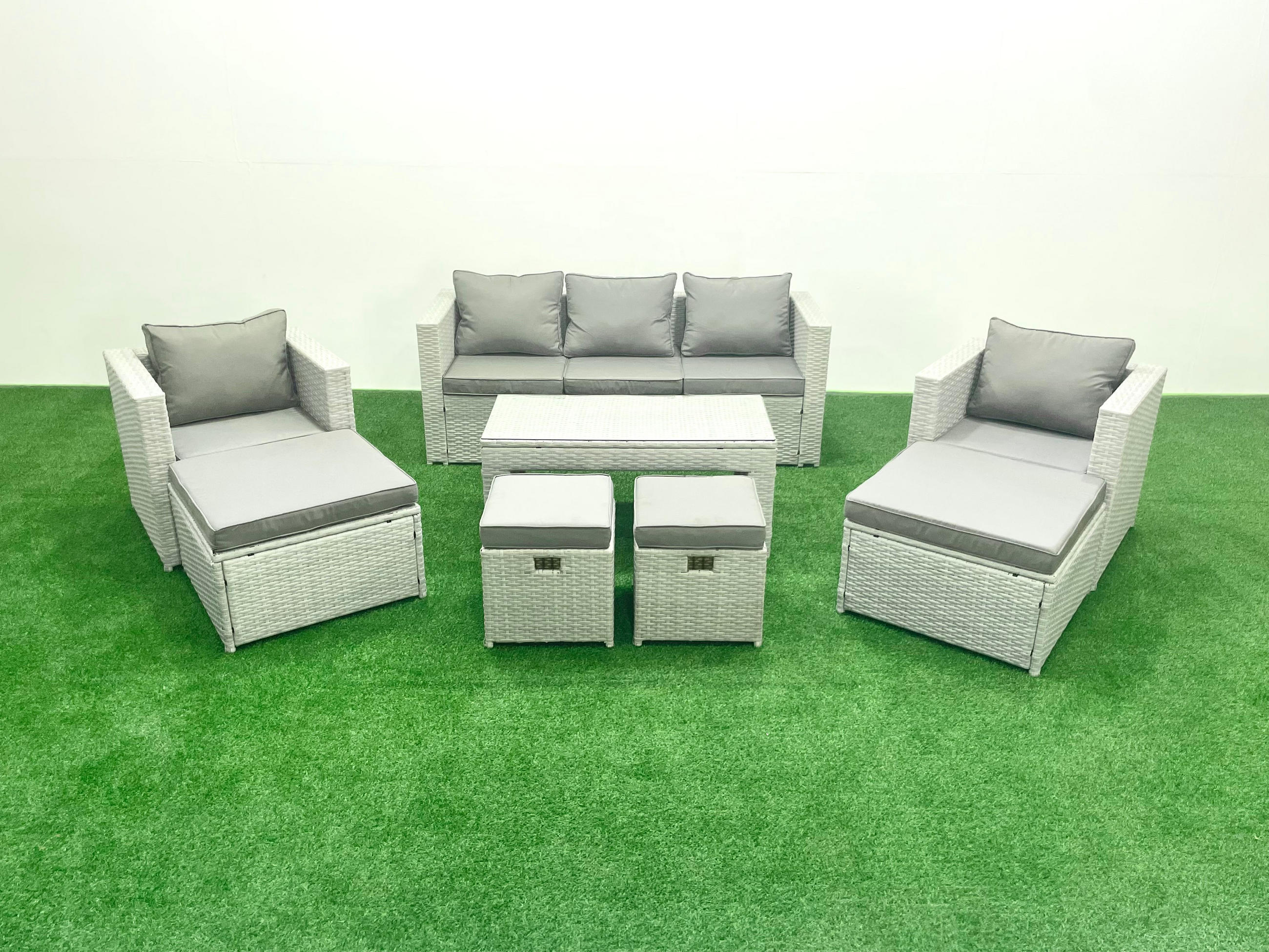 BALKONMÖBEL-SET Polyrattan Hellgrau-Mix 9-teilig - Hellgrau/Grau, Glas/Kunststoff - Fimous