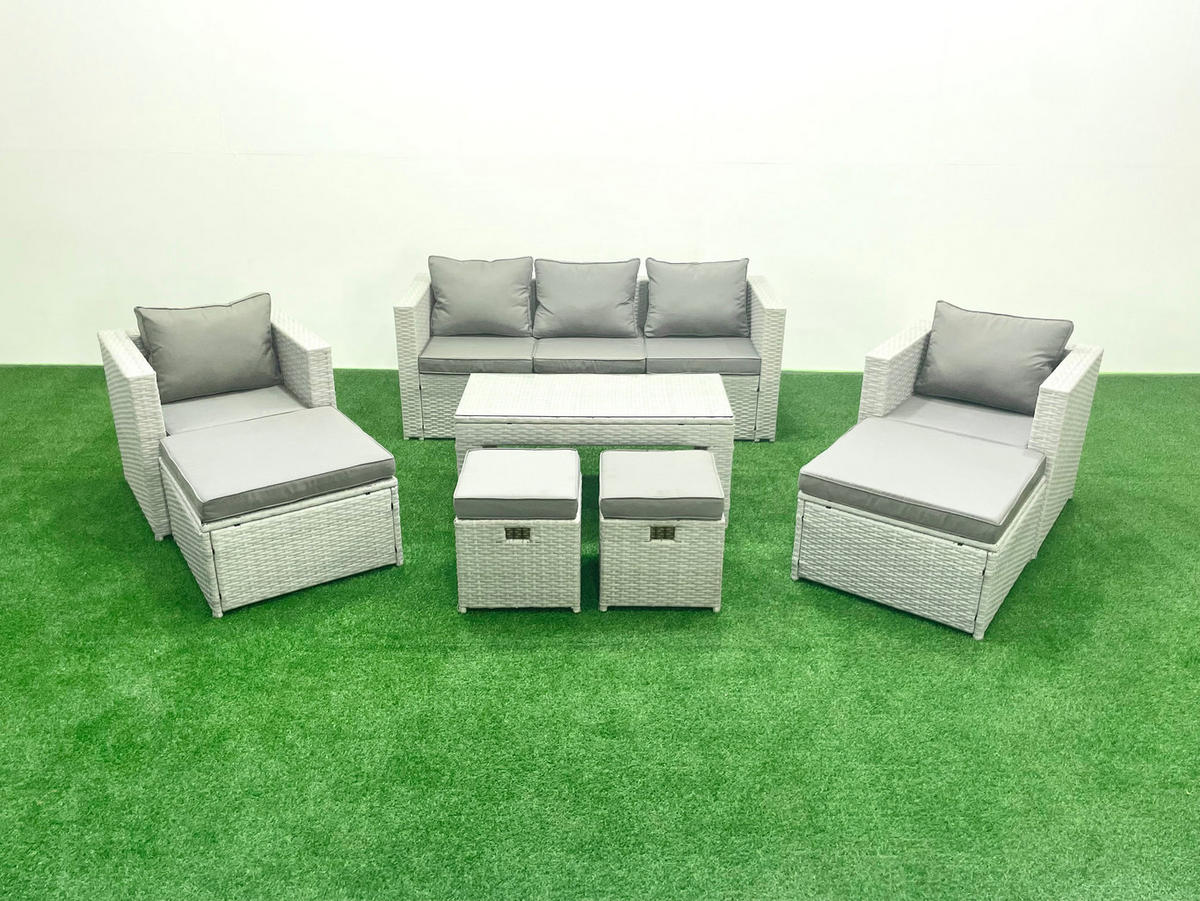 BALKONMÖBEL-SET Polyrattan Hellgrau-Mix 9-teilig - Hellgrau/Grau, Glas/Kunststoff - Fimous