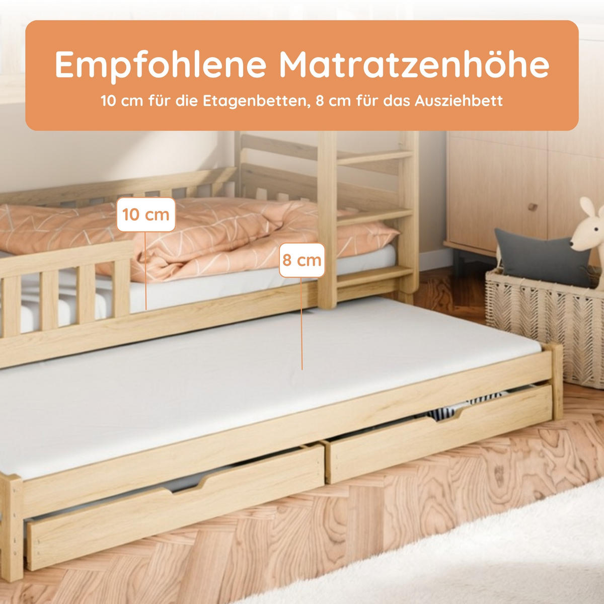ETAGENBETT mit Schubladen und Ausziehbett 90x200 in natur - Naturfarben, Holz (90/200cm) - Kids Collective