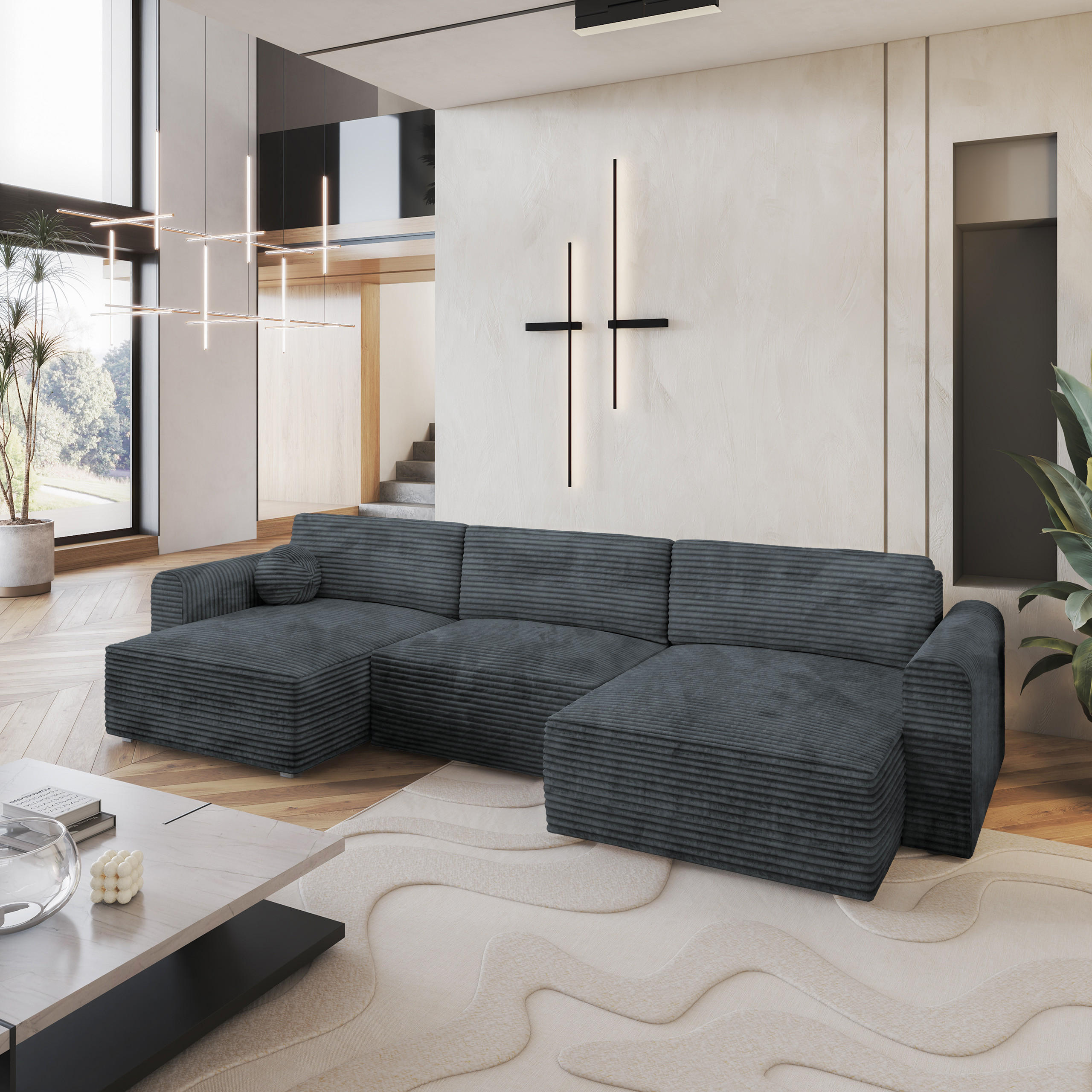 WOHNLANDSCHAFT FENTO Grau Kordstoff mit Schlaffunktion - Grau, Holz (347/90/148cm) - MASSENO