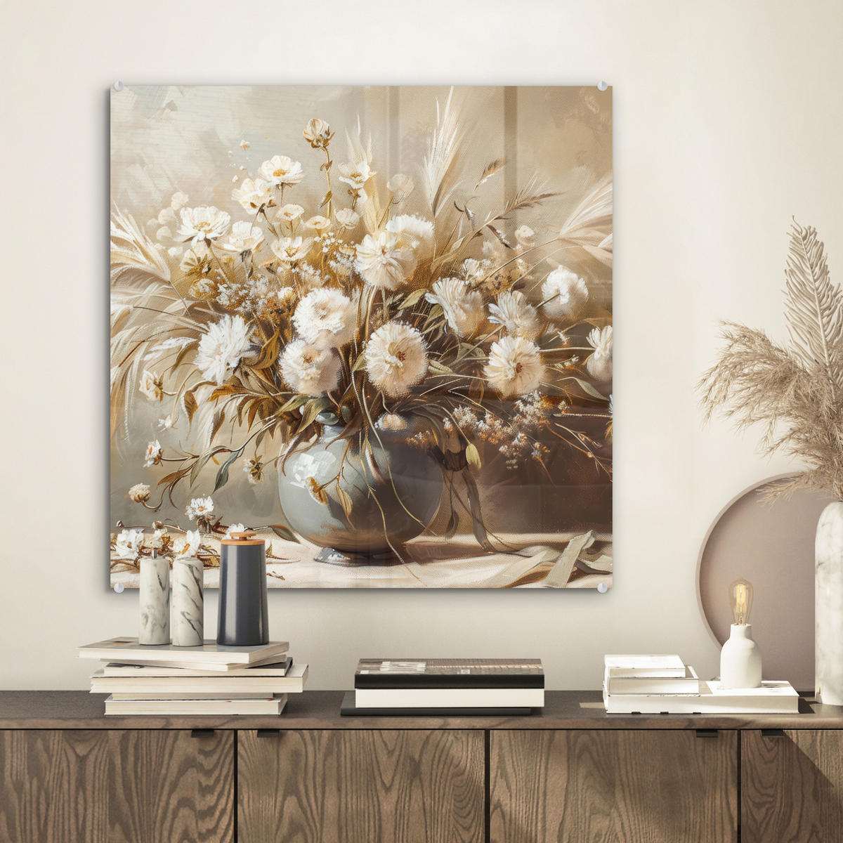 ACRYLGLASBILD Blumen - Vase - Stilleben - Beige 50x50 cm - Creme, Glas (50/50cm) - MuchoWow