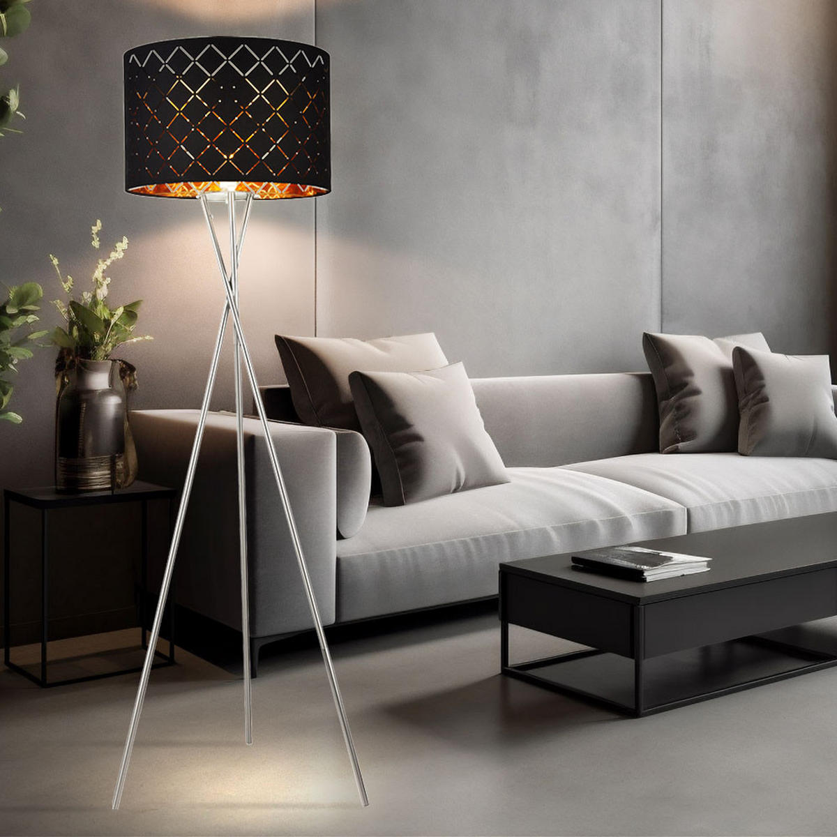 LED STEHLEUCHTE Metall Textil Schwarz Gold - Schwarz, Metall (62/62/158cm) - Globo Lighting