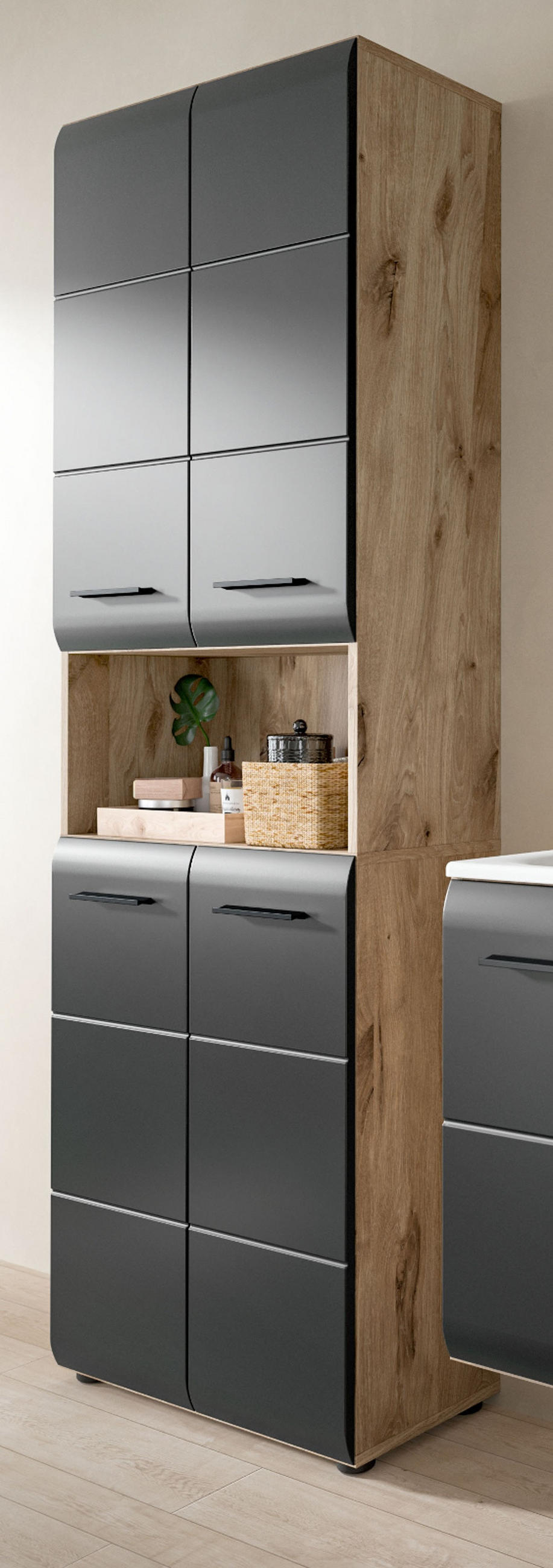 HOCHSCHRANK schwarz matt, Eiche, Badschrank 4-türig, 60 x 185 cm - Eichefarben/Schwarz, Holzwerkstoff/Kunststoff (60/185/30cm) - Inn.Furn