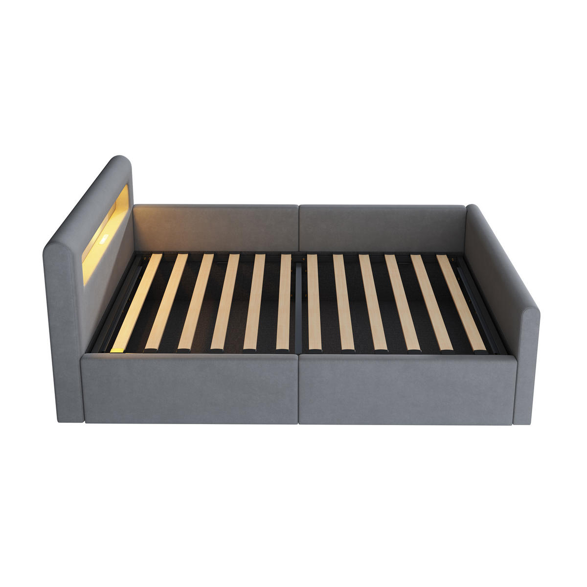 KINDEREINZELBETTEN aus Samtstoff 90 x 200 cm in Hellgrau mit LED, USB & Stauraum - Hellgrau, Textil (90/200cm) - Modfu