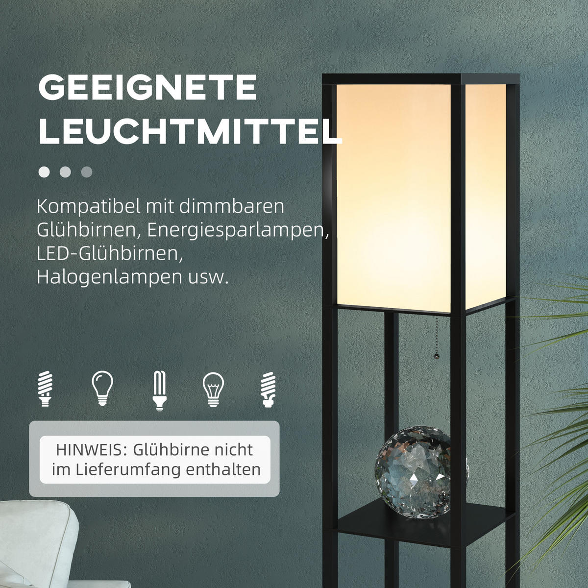 STEHLEUCHTE mit Regalen, Holz, Schwarz - Schwarz, Textil (26/26/160cm) - HOMCOM