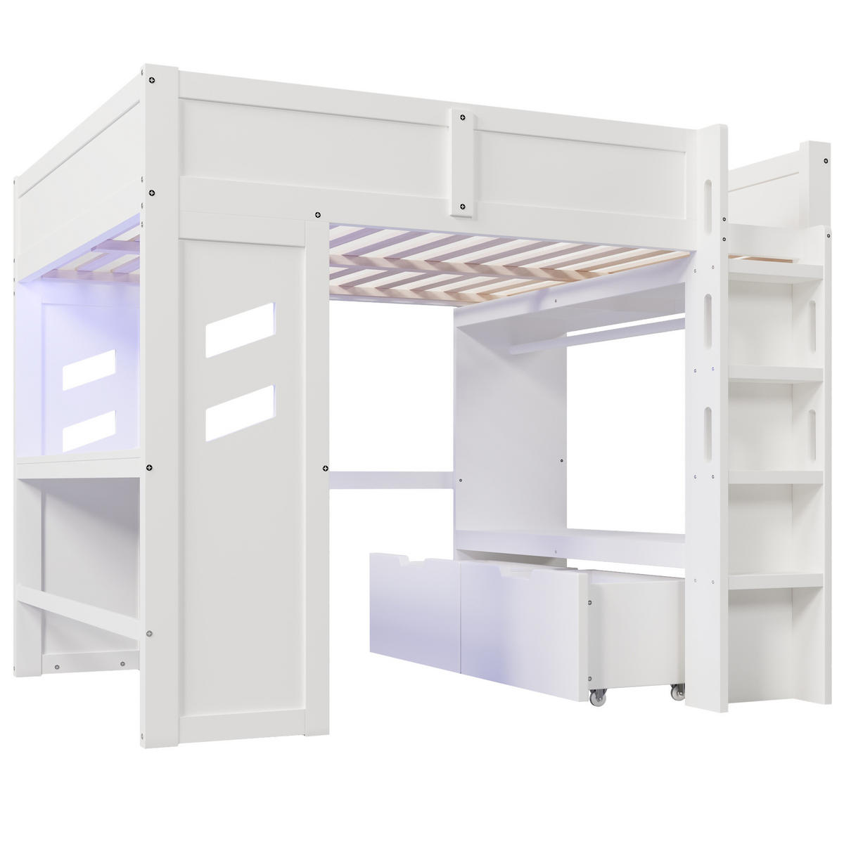 HOCHBETT 140/200 cm mit Schreibtisch, LED-Beleuchtung, USB- und Typ-C-Anschluss, 2 Schubladen, Kiefer massiv, Weiß - Weiß, Holzwerkstoff (140/200cm) - Redom