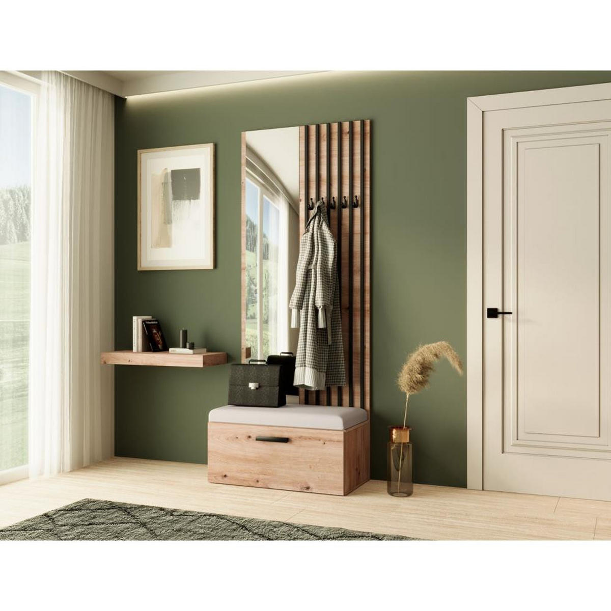 GARDEROBE Margaret II 81/203/43 mit Lamellen und Spiegel - Schwarz/Eiche Artisan, Holzwerkstoff/Kunststoff (81/203/43cm) - Beautysofa