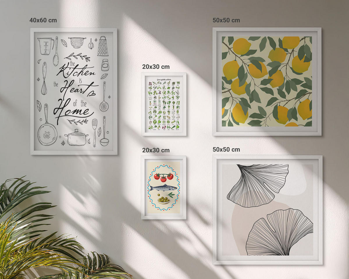 BILDER SET 5er Set - 50x50 cm & 20x30 cm & 40x60 cm Weißer Rahmen - Küchenkräuter-Zitronen-Malerei - Weiß, Kunststoff (40/60cm) - TULUP