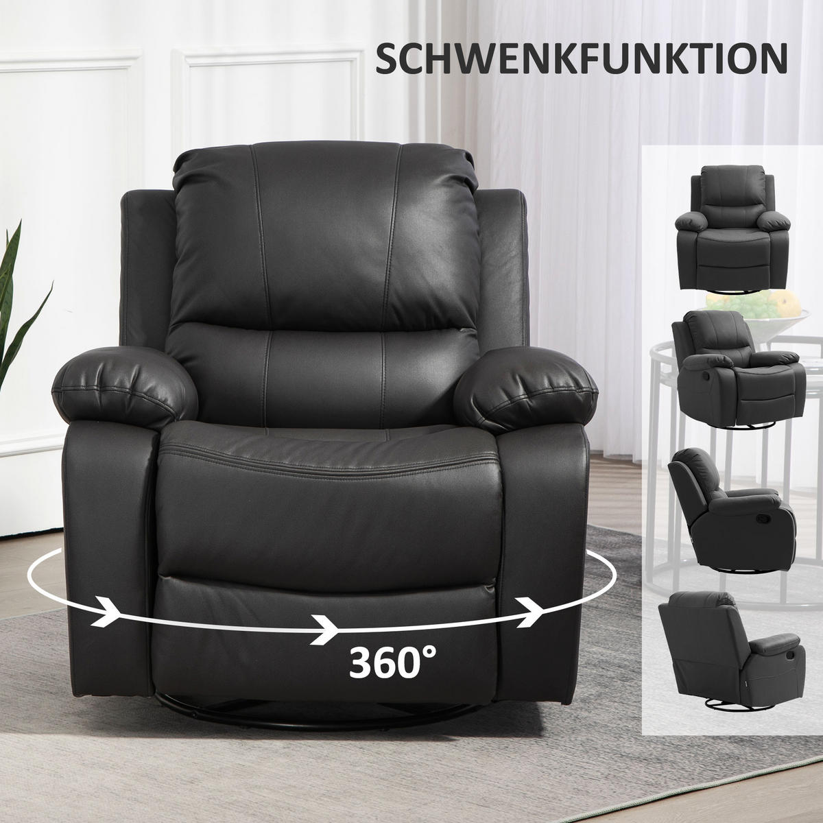 RELAXSESSEL Fernsehsessel mit Liegefunktion, Fußstütze für Wohnzimmer Schwarz - Schwarz, Textil/Metall (100/98/93cm) - HOMCOM