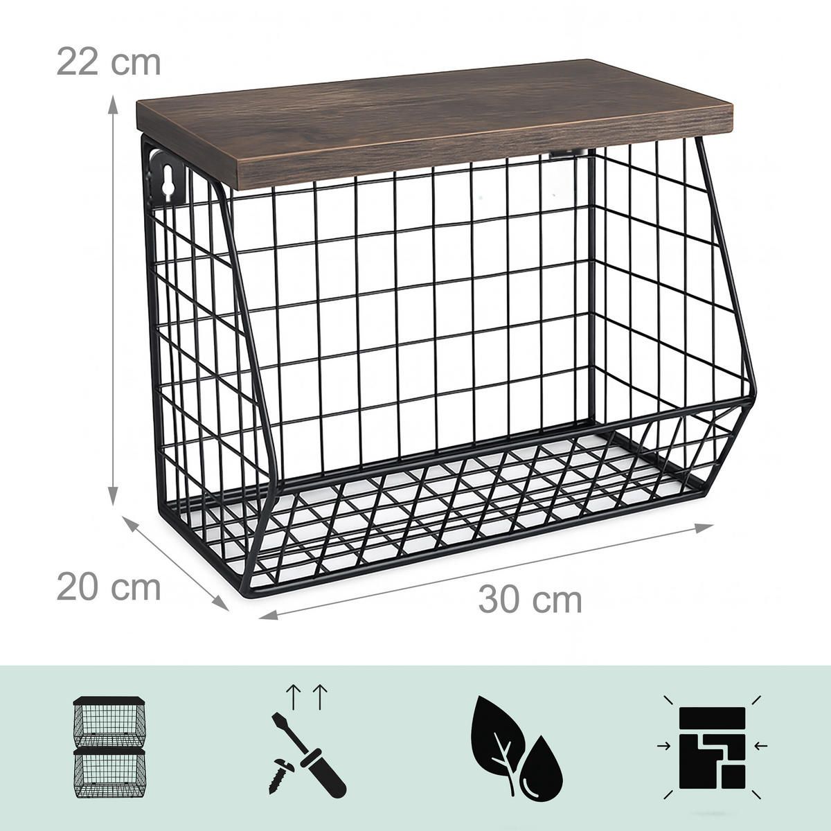 OBSTKORB Wandregal - Schwarz, Holzwerkstoff/Metall (30cm) - Relaxdays