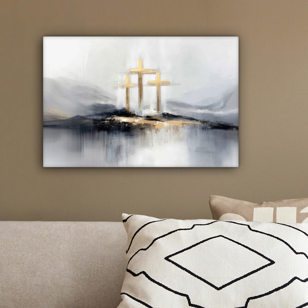 LEINWANDBILD Abstrakt - Malerei - Christentum - Kreuz Deko Schlafzimmer 30x20 cm - Weiß, Textil (30/20cm) - MuchoWow