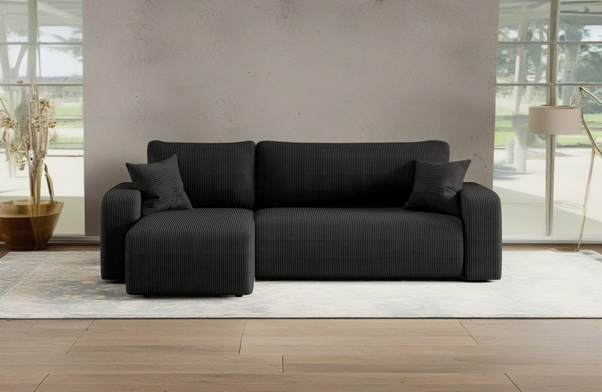 ECKSOFA L-FORM Schlaffunktion Und Bettkasten Eckcouch MILANO L Stoff Dicker Cord Schwarz Links - Schwarz, Holz/Textil (142/244cm) - Kaiser Möbel