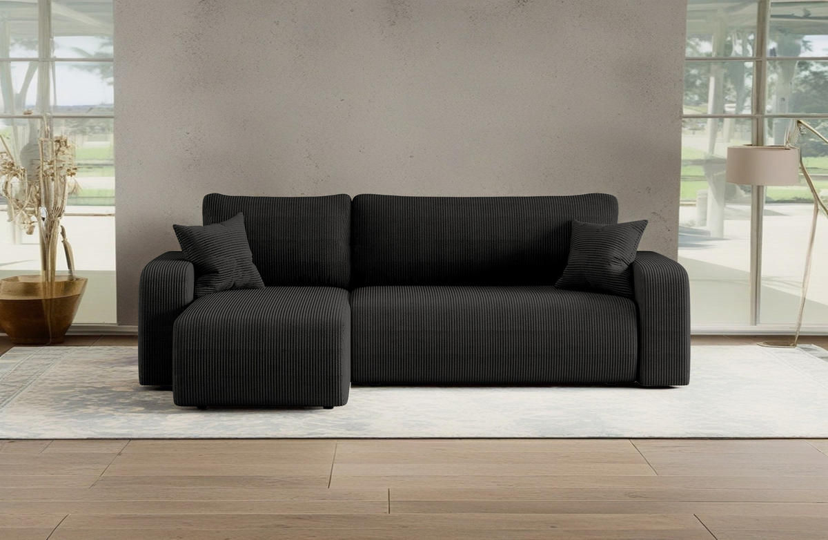 ECKSOFA L-FORM Schlaffunktion Und Bettkasten Eckcouch MILANO L Stoff Dicker Cord Schwarz Links - Schwarz, Holz/Textil (142/244cm) - Kaiser Möbel