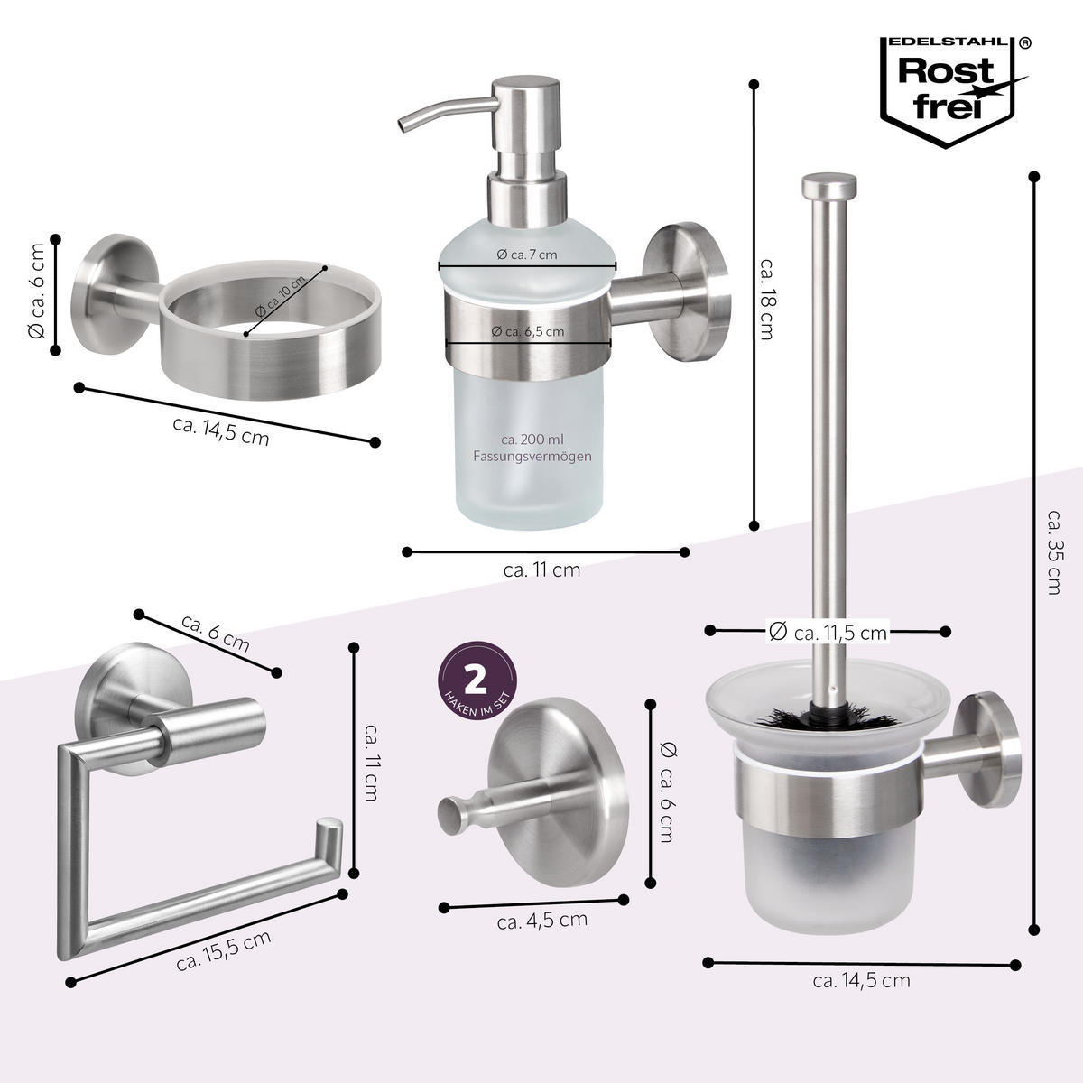 BADEZIMMER-ZUBEHÖR-SET PIAZZA 5tlg, Edelstahl, matt - Silberfarben, Metall (14.5/35/11.5cm) - bremermann