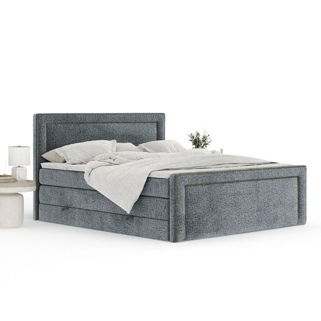 Thumbnail - Maison de Reve Boxspringbett, Blaugrau, Textil, Buche, Kiefer, H3 + H4, 7-Zonen, Höhe ca. 40 cm, 180x200 cm, Handmade in...