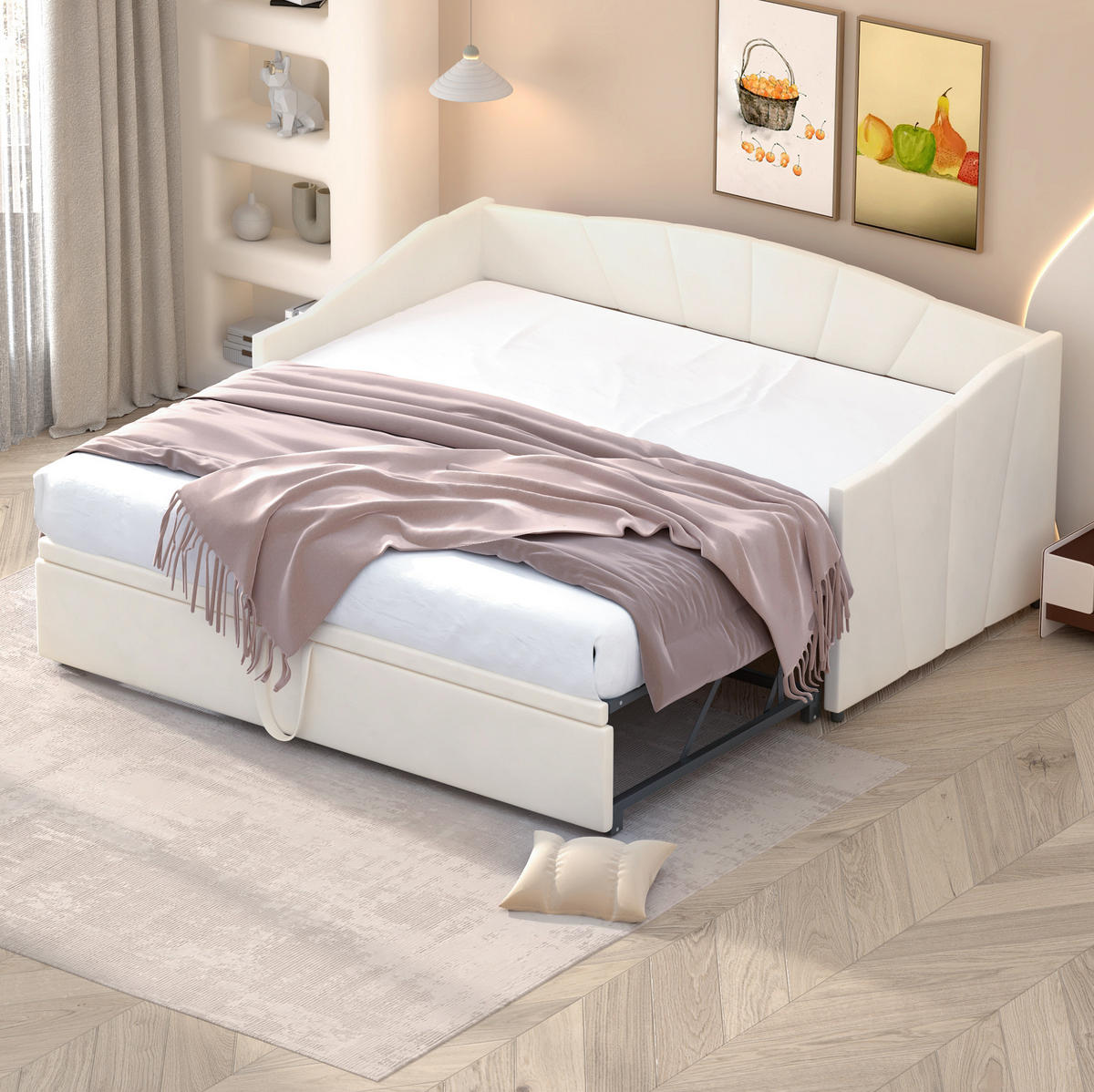 POLSTERBETT 90/200 cm aus Samt mit ausziehbarer Liegefläche Beige - Beige, Textil (90/200cm) - Modenvie