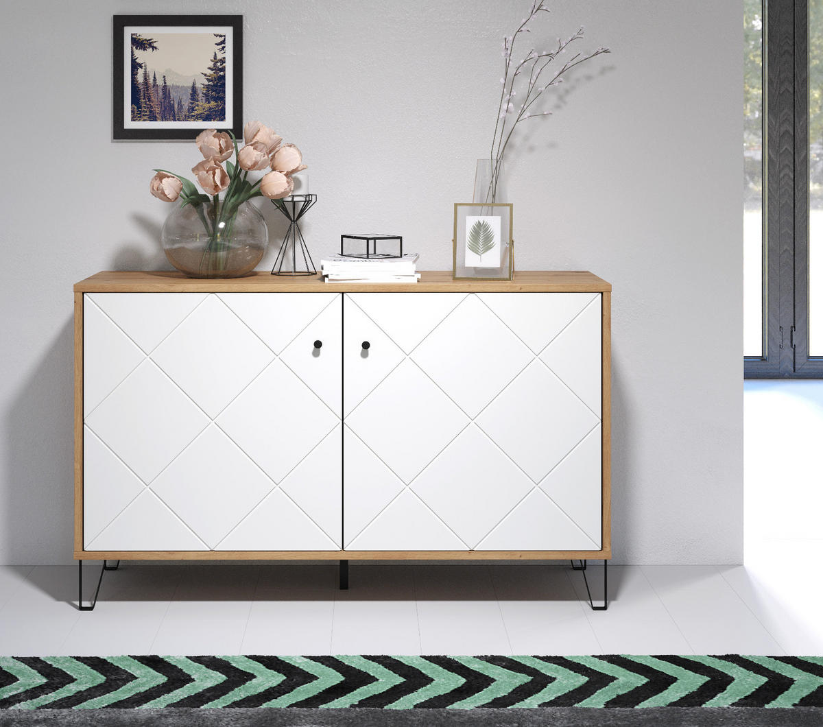 KOMMODE weiß matt mit Rautenoptik, Eiche Artisan 123 cm, Sideboard mit Soft-Close - Eichefarben/Schwarz, Holzwerkstoff/Kunststoff (123/76/40cm) - Top.Furn