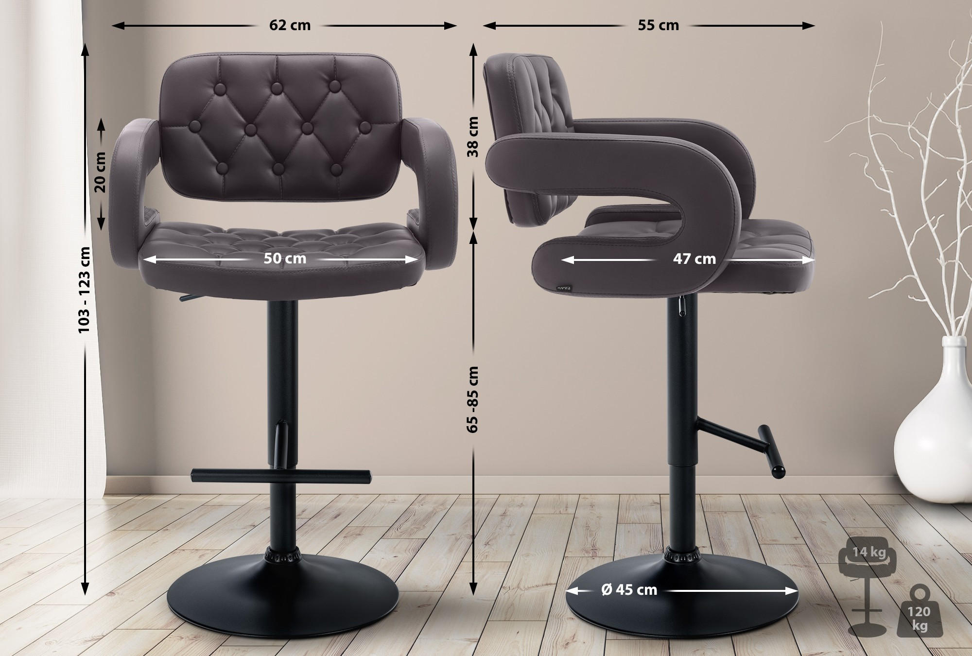 BARHOCKER Lederlook braun - Schwarz/Braun, Textil/Metall (62/103/55cm) - CLP