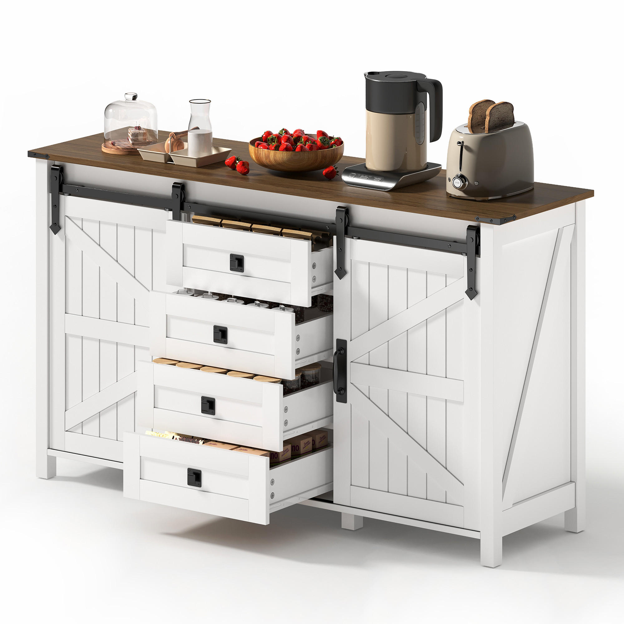 SIDEBOARD aus MDF 137x40x81,5 cm Weiß mit Schiebetüren, 4 Schubladen und viel Stauraum - Weiß, Holzwerkstoff (137/81.5/40cm) - Modfu