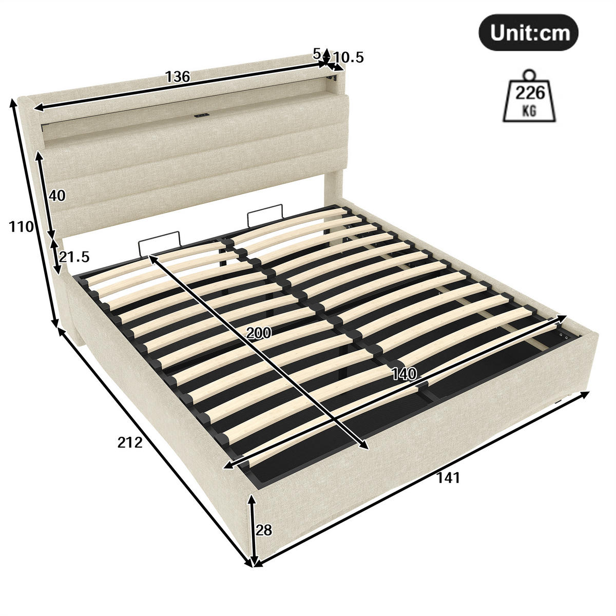 POLSTERBETT 140x200cm Beige LED Hydraulik USB Leinen - Beige, Holz (140/200cm) - FLIEKS